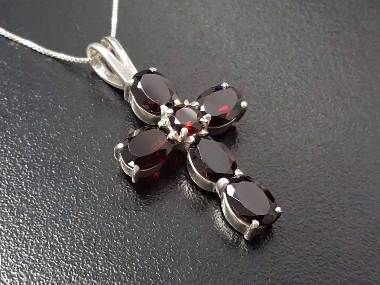 Cross Pendant, Garnet Pendant, Natural Garnet, Red Cross Pendant, Red Garnet Pendant, January Pendant, Christian Pendant, 925 Silver Pendant