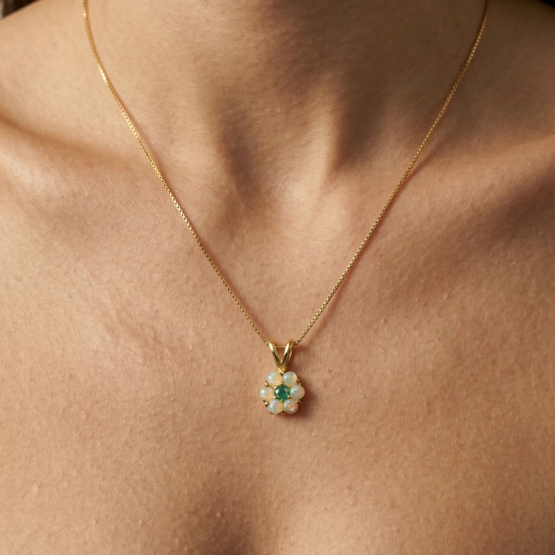 Radiant Fire Opal Necklace with Gold Flower Design - Elegant October Birthstone Jewelry in 18k Gold Vermeil. Perfect gift!