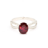 Created Ruby Ring made in 925 Sterling Silver with Oval Created Red Ruby in Solitaire with Accents setting, July Birthstone gift idea, symbolizes nobility, purity, and passion, ideal for everyday wear and perfect for birthday gifting and special occasions.