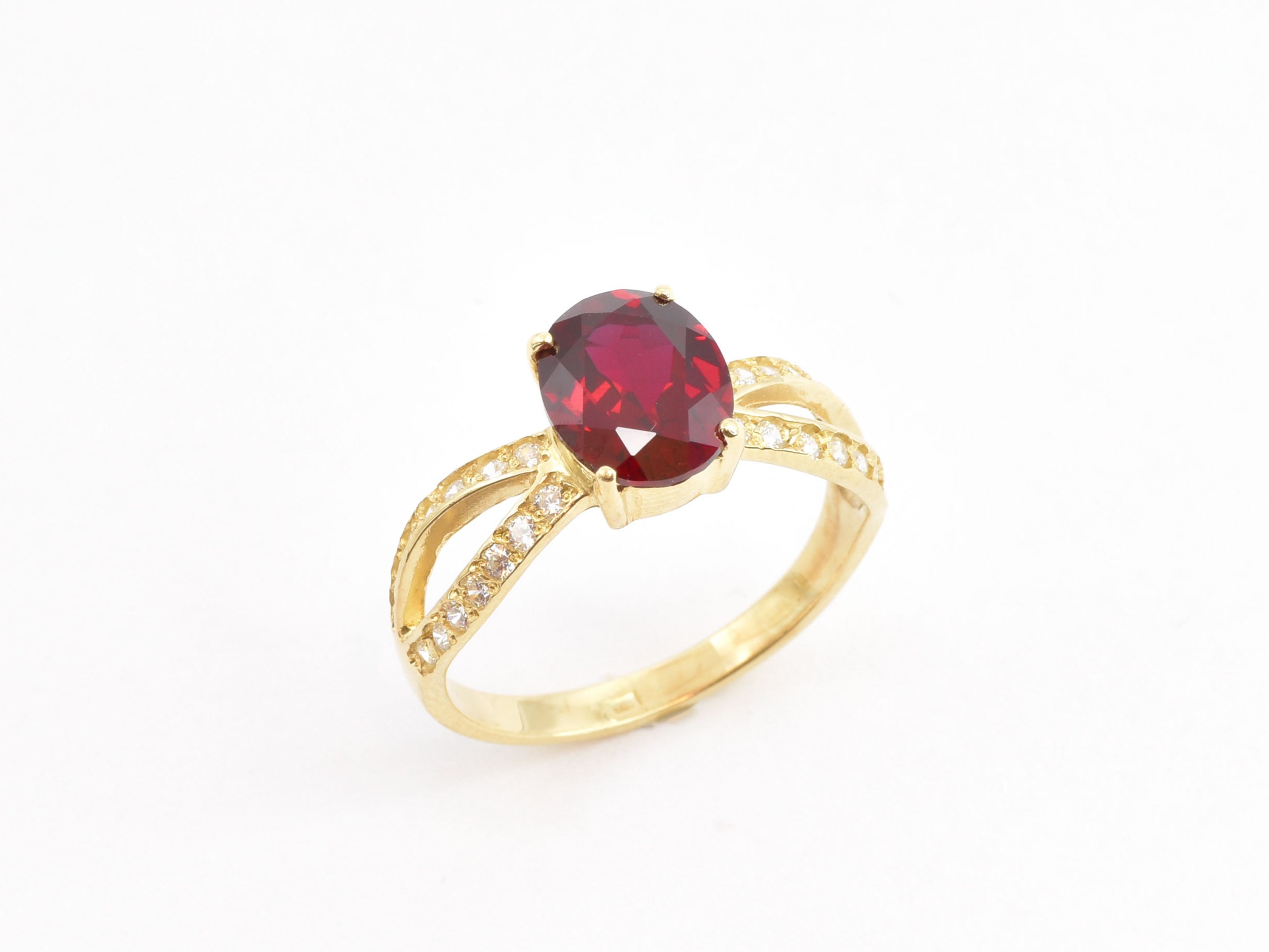 Created Ruby Ring made in 18k Gold Vermeil with Oval Created Red Ruby in Solitaire with Accents setting, July Birthstone gift idea, symbolizes nobility, purity, and passion, ideal for everyday wear and perfect for birthday gifting and special occasions.