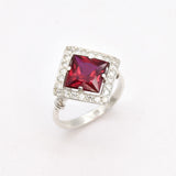 Created Ruby Ring made in 925 Sterling Silver with Square Created Red Ruby in Halo setting, July Birthstone gift idea, symbolizes nobility, purity, and passion, ideal for everyday wear and perfect for birthday gifting and special occasions.