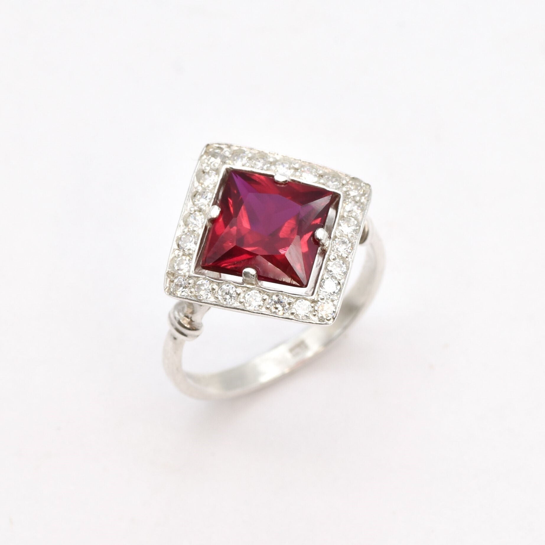 Created Ruby Ring made in 925 Sterling Silver with Square Created Red Ruby in Halo setting, July Birthstone gift idea, symbolizes nobility, purity, and passion, ideal for everyday wear and perfect for birthday gifting and special occasions.