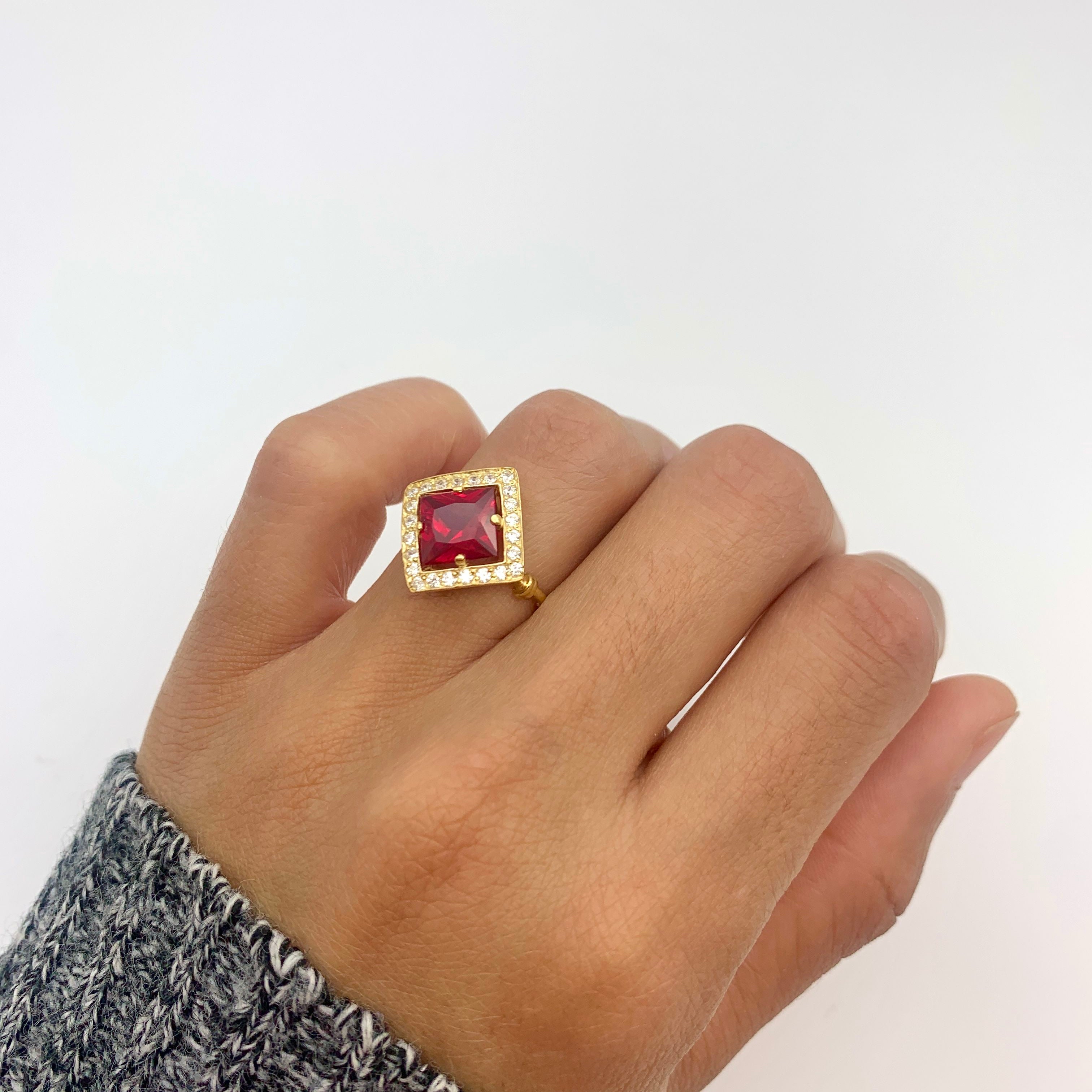 18k Gold Vermeil Ruby Ring with Square Created Red Ruby, July Birthstone, symbolizes passion, perfect for everyday and special occasions.