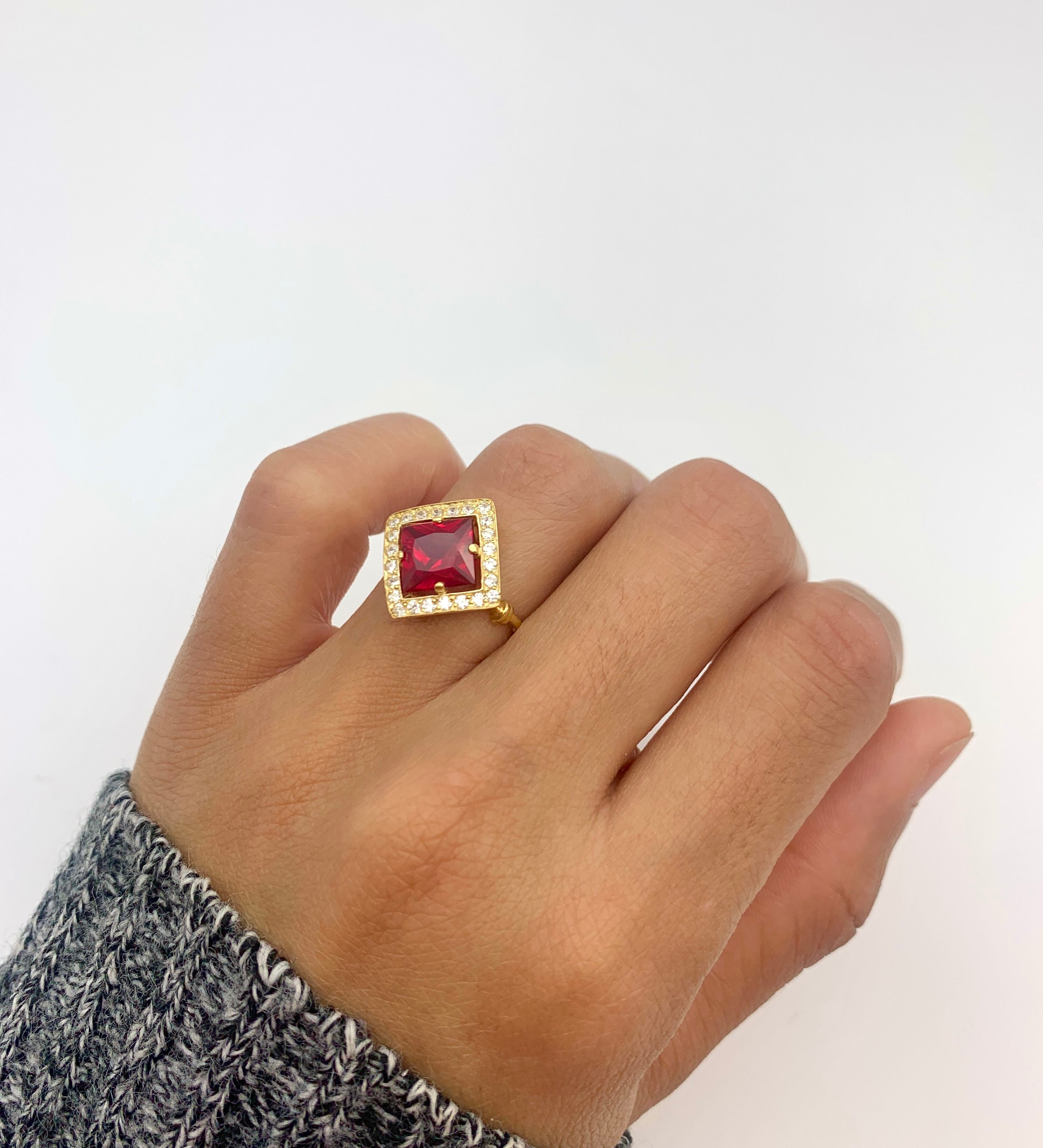 18k Gold Vermeil Ruby Ring with Square Created Red Ruby, July Birthstone, symbolizes passion, perfect for everyday and special occasions.