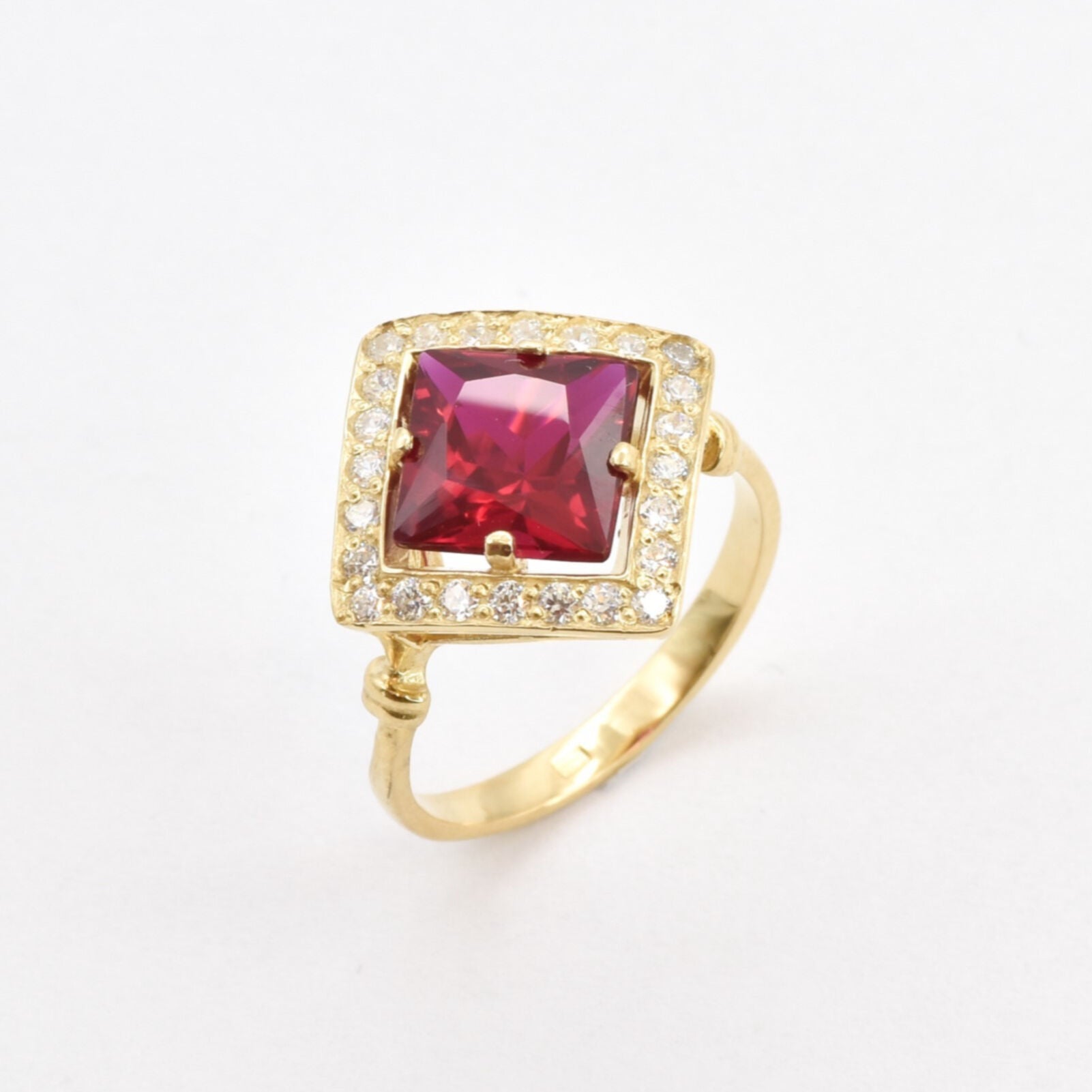 Created Ruby Ring made in 18k Gold Vermeil with Square Created Red Ruby in Halo setting, July Birthstone gift idea, symbolizes nobility, purity, and passion, ideal for everyday wear and perfect for birthday gifting and special occasions.