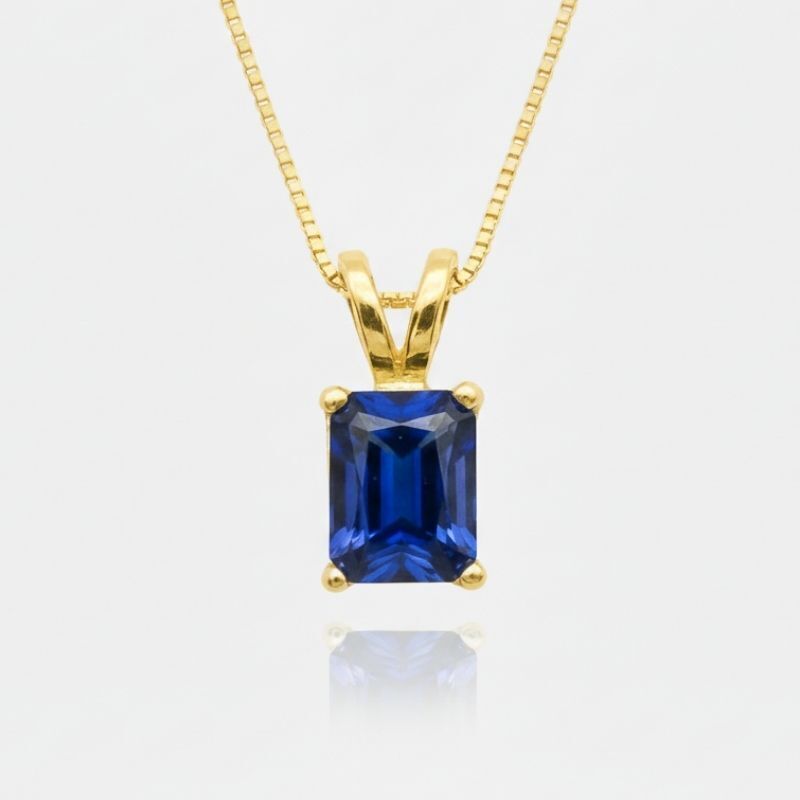 Created Sapphire Pendant made in 18k Gold Vermeil with Baguette Created Blue Sapphire in Prong setting, September Birthstone gift idea, symbolizes sincerity, truth, and faithfulness, ideal for everyday wear and perfect for birthday gifting and special occasions.