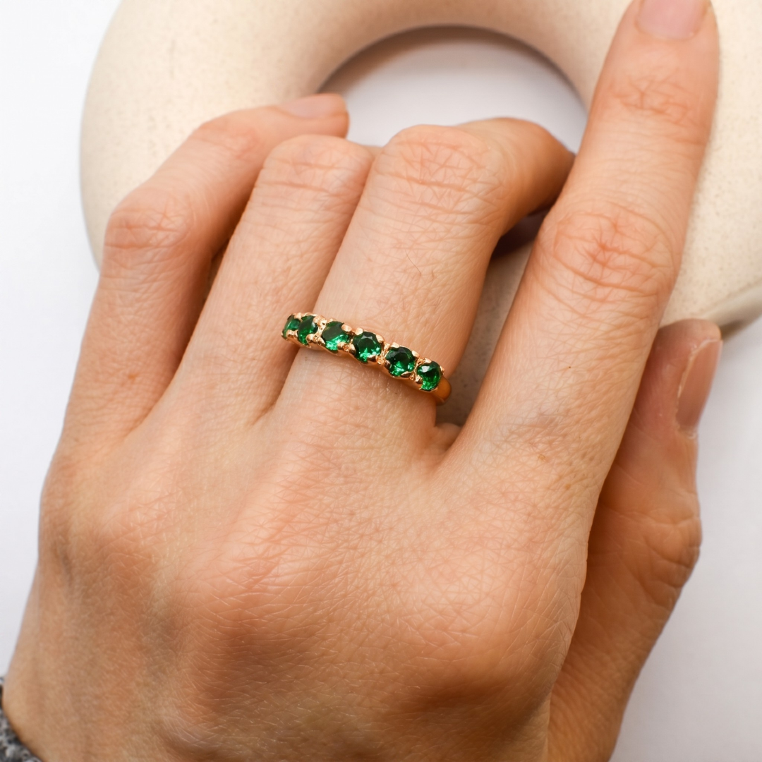 Rose Gold Vermeil Emerald Ring featuring a Round Created Green Emerald, ideal for May birthdays and special gifts.