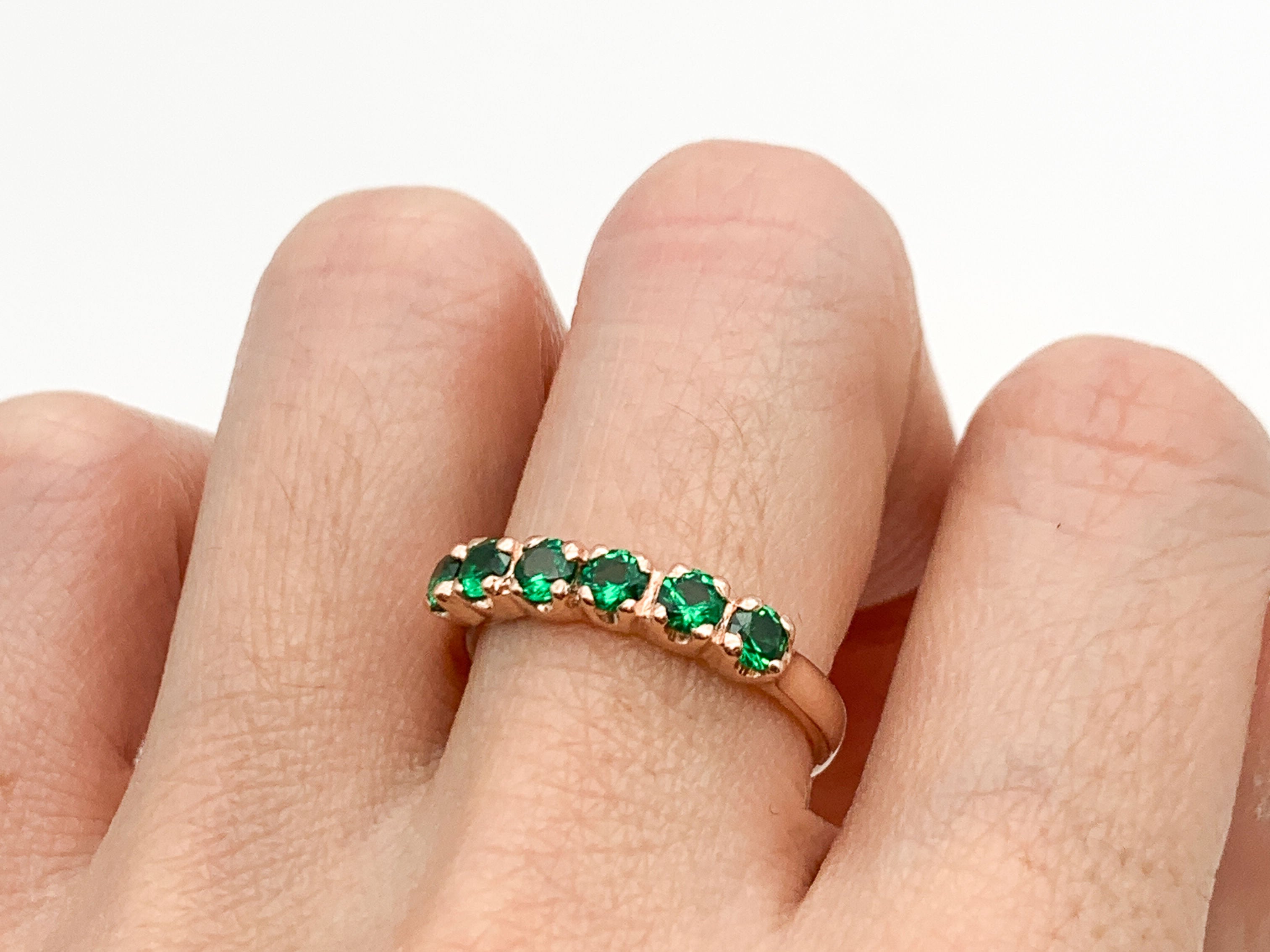 Rose Gold Vermeil Emerald Ring featuring a Round Created Green Emerald, ideal for May birthdays and special gifts.