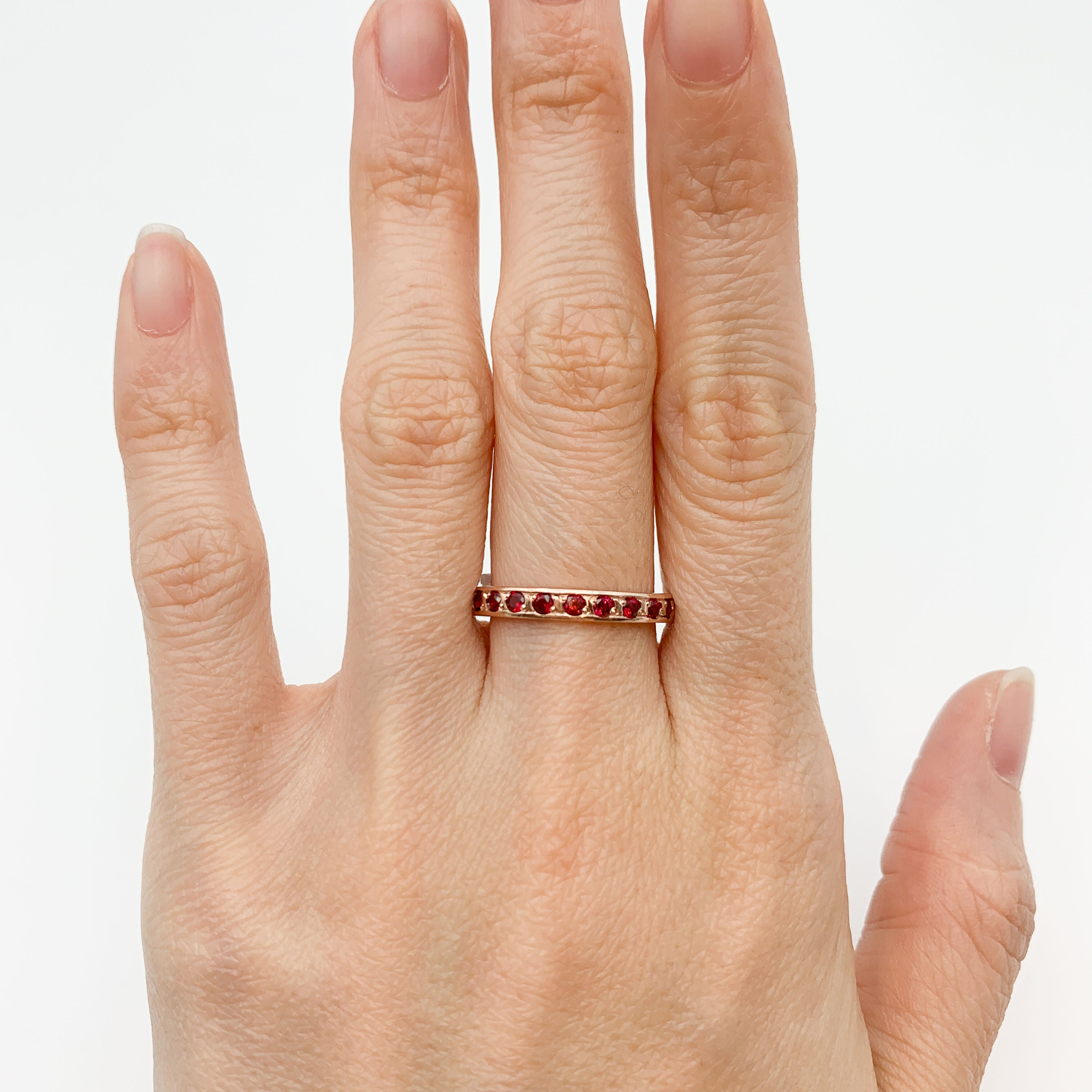 Rose Gold Vermeil created Ruby Ring with Channel-Set design, perfect for July birthdays and special occasions.