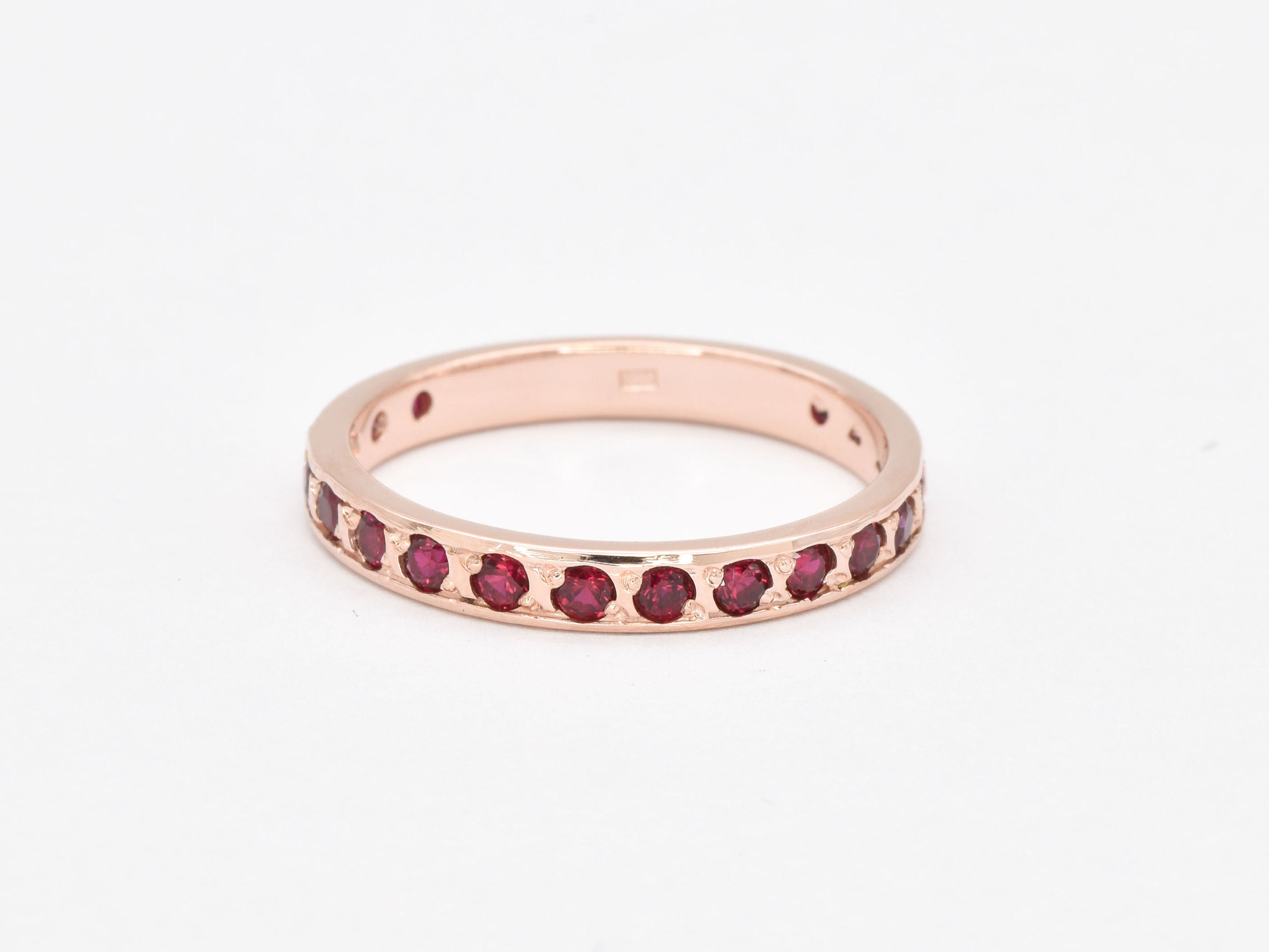 Created Ruby Ring made in Rose Gold Vermeil with Round Created Red Ruby in Channel-Set setting, July Birthstone gift idea, symbolizes nobility, purity, and passion, ideal for everyday wear and perfect for birthday gifting and special occasions.