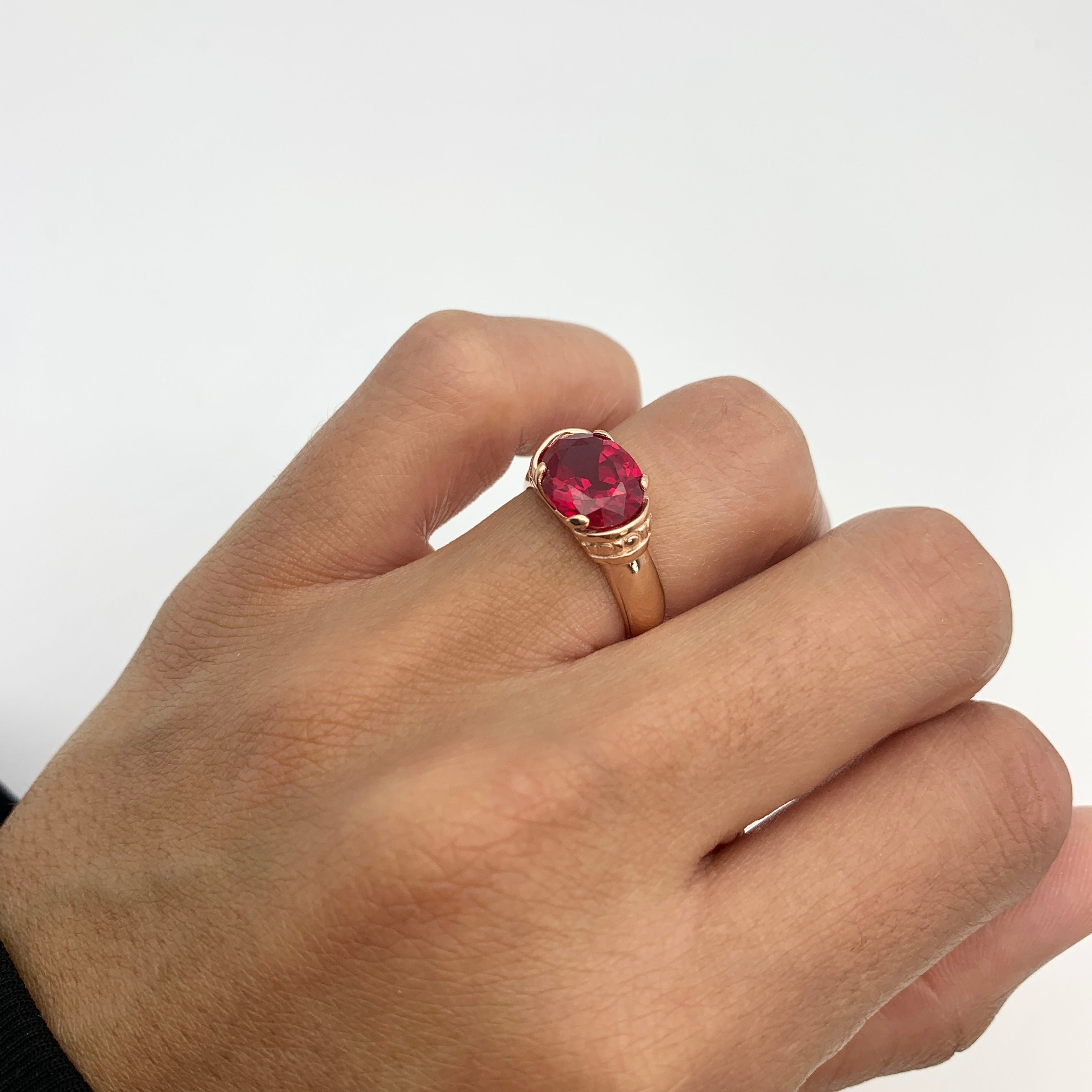 Rose Gold Vermeil Ruby Ring with Oval Created Red Ruby in Solitaire, July Birthstone, symbolizes passion and elegance for any occasion.
