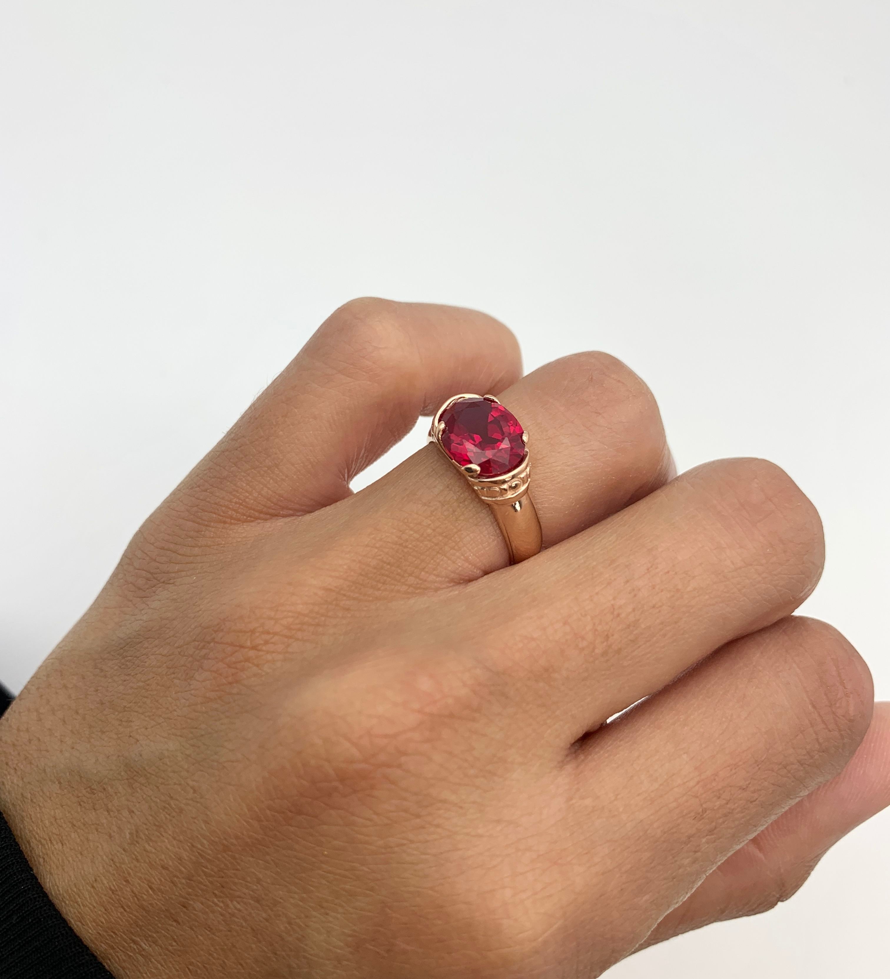 Rose Gold Vermeil Ruby Ring with Oval Created Red Ruby in Solitaire, July Birthstone, symbolizes passion and elegance for any occasion.