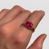 Rose Gold Vermeil Ruby Ring with Oval Created Red Ruby in Solitaire, July Birthstone, symbolizes passion and elegance for any occasion.