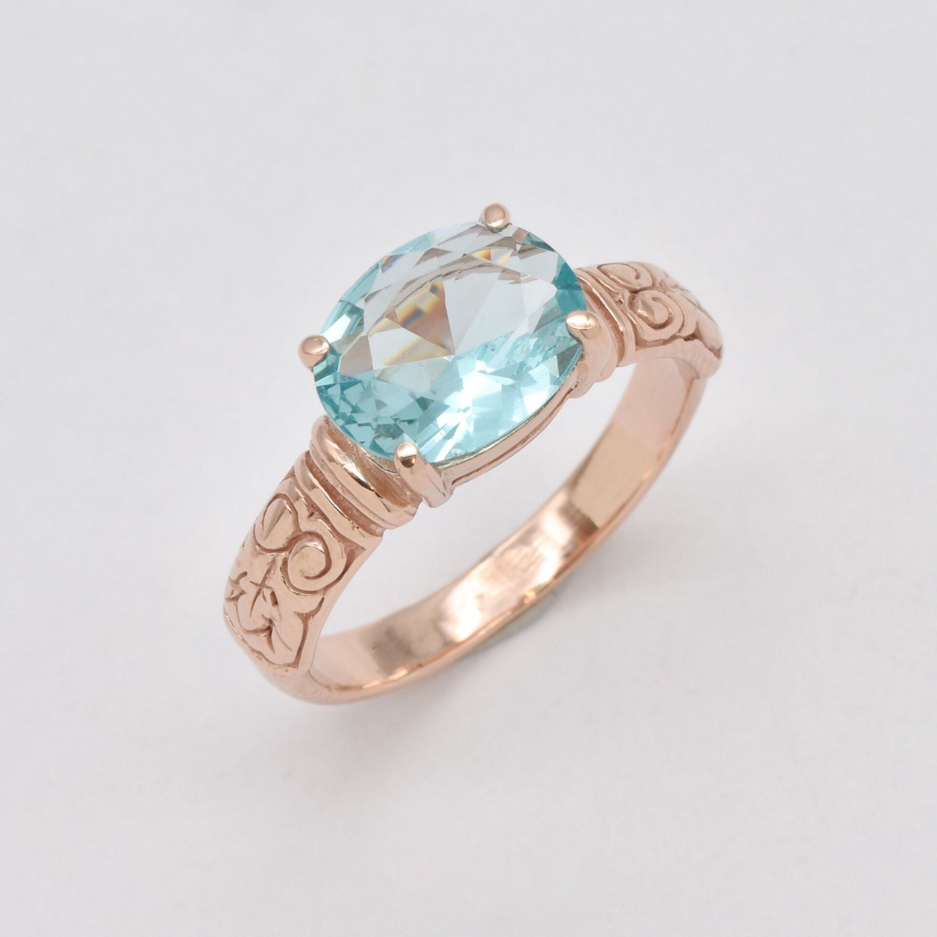 Aquamarine Ring, Created Aquamarine, Horizontal Ring, Blue Vintage Ring, Blue Diamond Ring, Vintage Rings, Solid Silver Ring, Aquamarine(1)