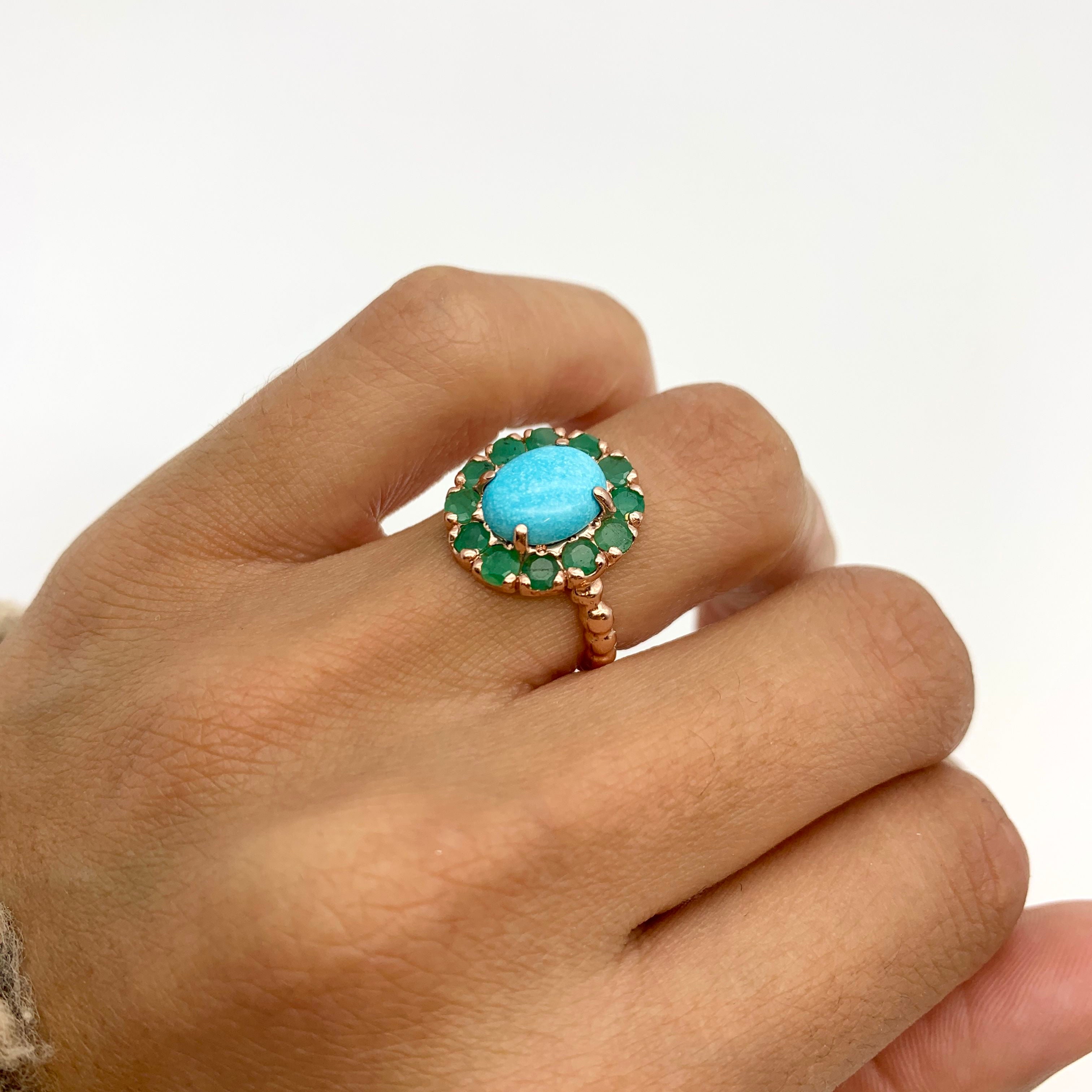 Victorian Ring, Natural Turquoise, Natural Emerald, Vintage Rings, Arizona Turquoise, December Birthstone, Solid Silver, Turquoise(1)