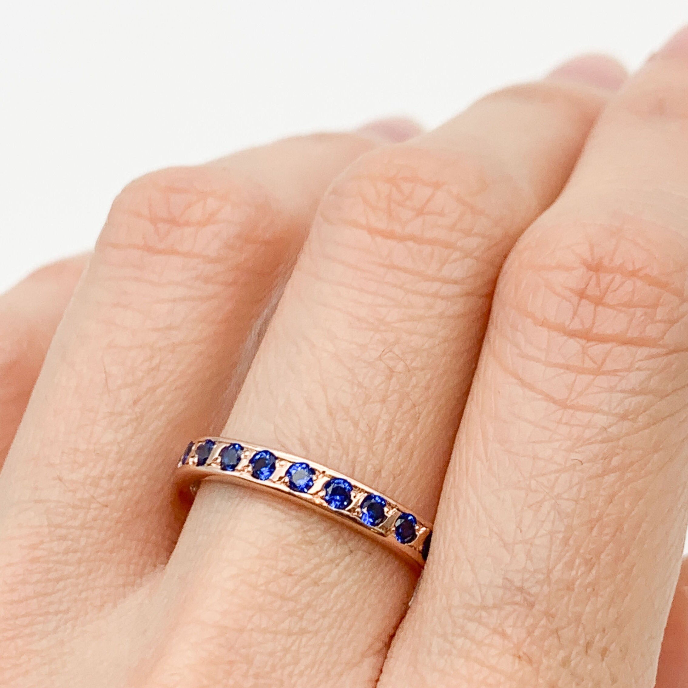 Rose Gold Vermeil Sapphire Ring featuring a Round Created Blue Sapphire, perfect for birthdays and special occasions.