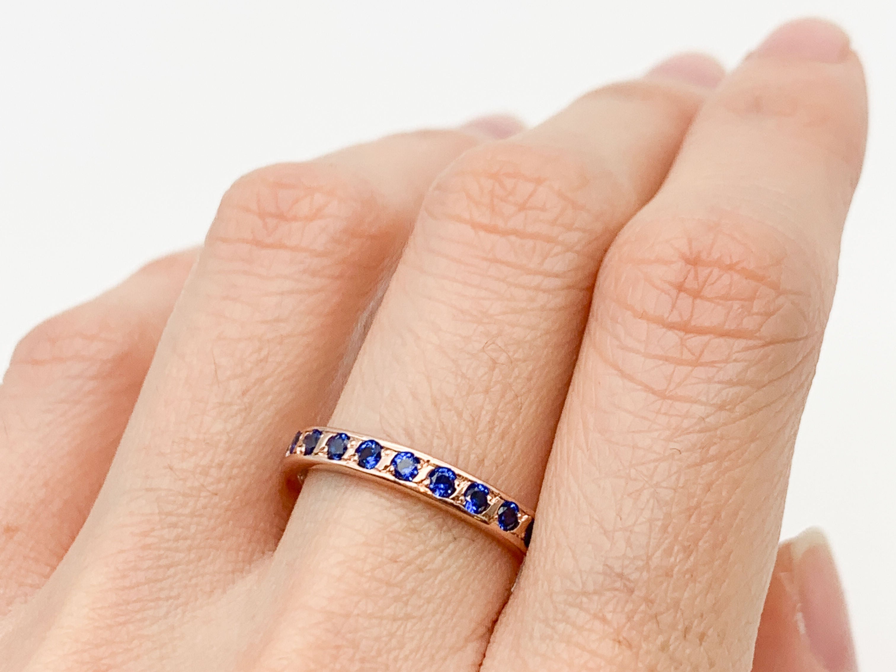 Created Sapphire Ring made in Rose Gold Vermeil with Round Created Blue Sapphire in Channel-Set setting, September Birthstone gift idea, symbolizes sincerity, truth, and faithfulness, ideal for everyday wear and perfect for birthday gifting and special occasions.