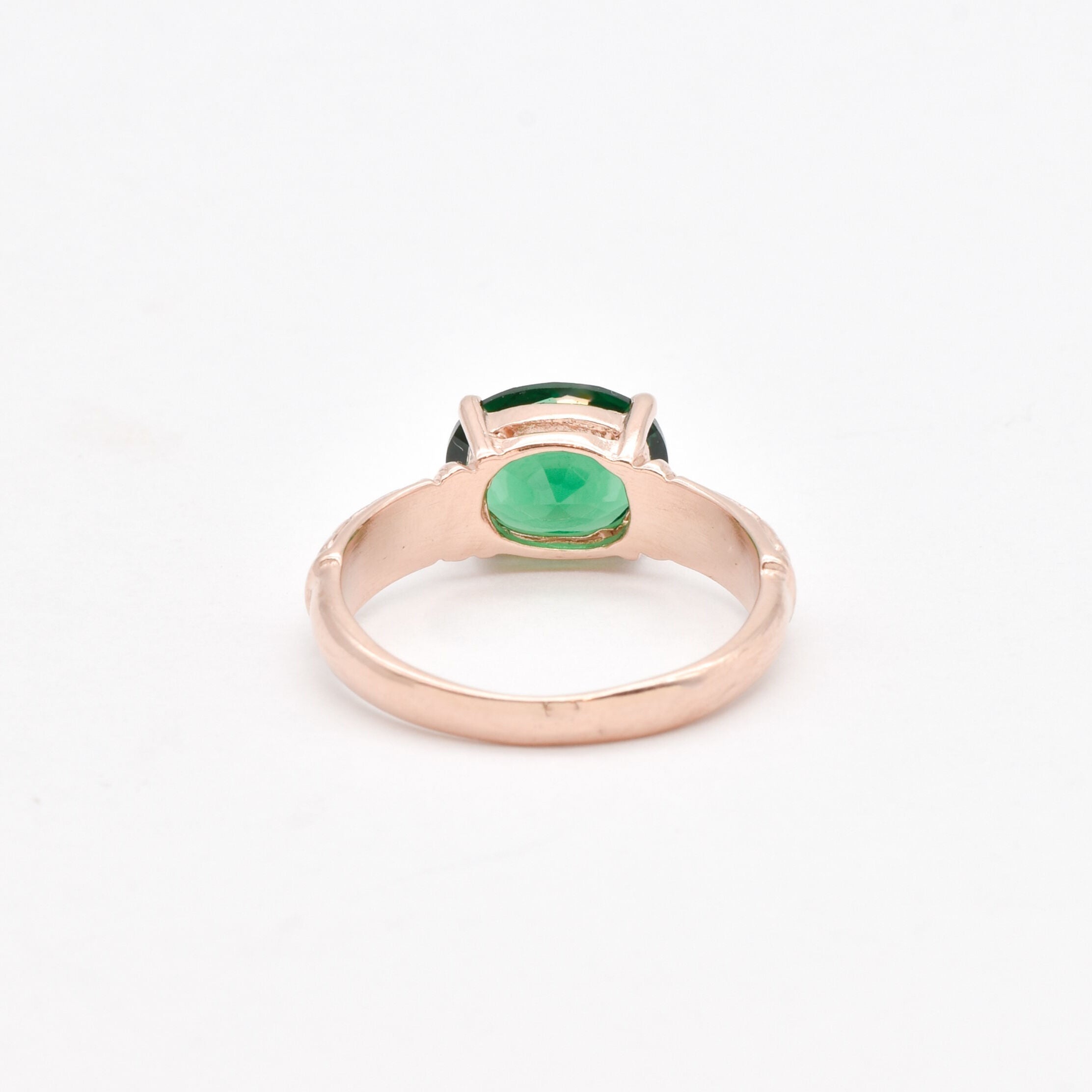 Rose Gold Vermeil Ring adorned with Oval Created Green Emerald, a captivating May birthstone for stylish everyday wear.