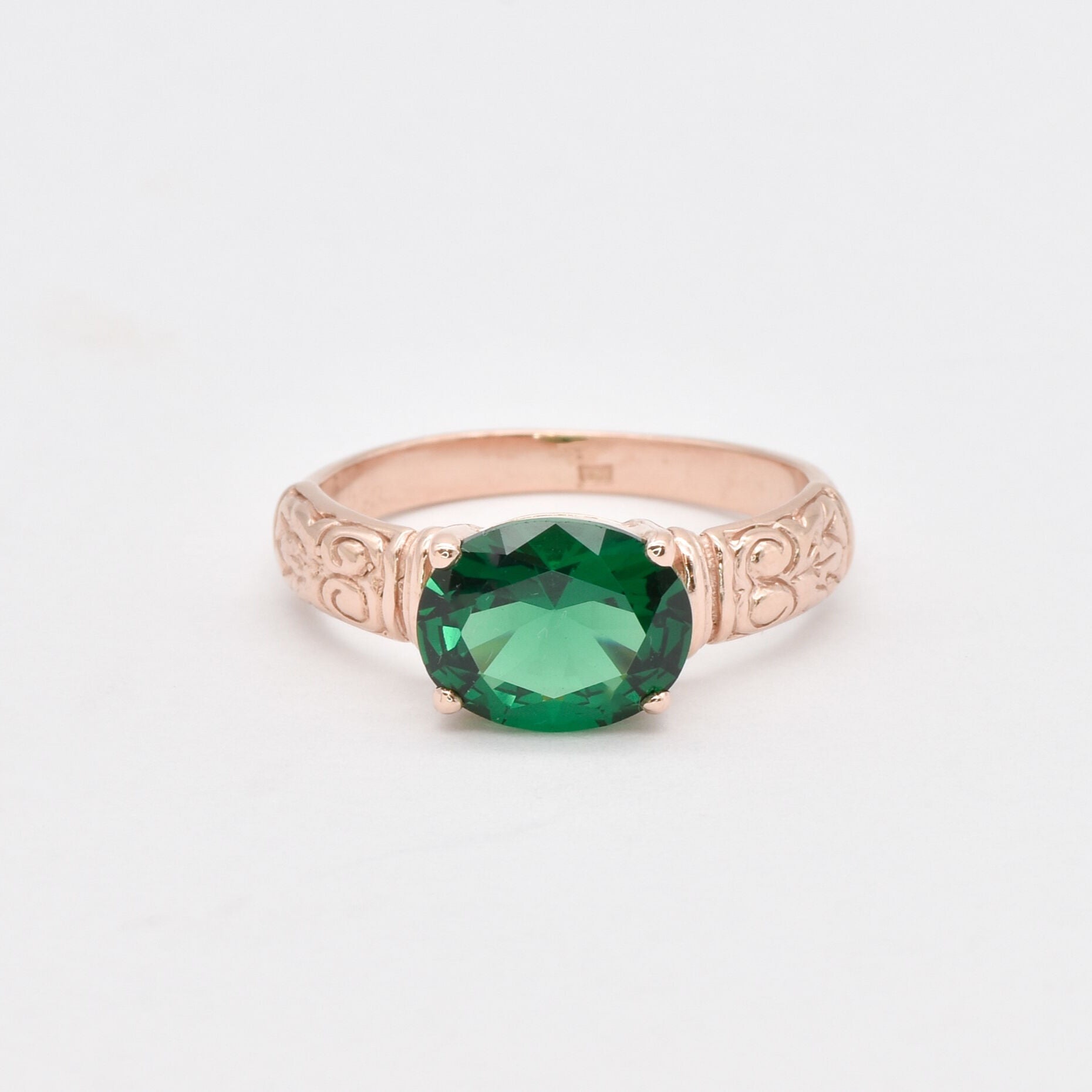 Elegant Rose Gold Vermeil Ring with Prong Set Oval Created Green Emerald, a stunning gift for special occasions or daily wear.