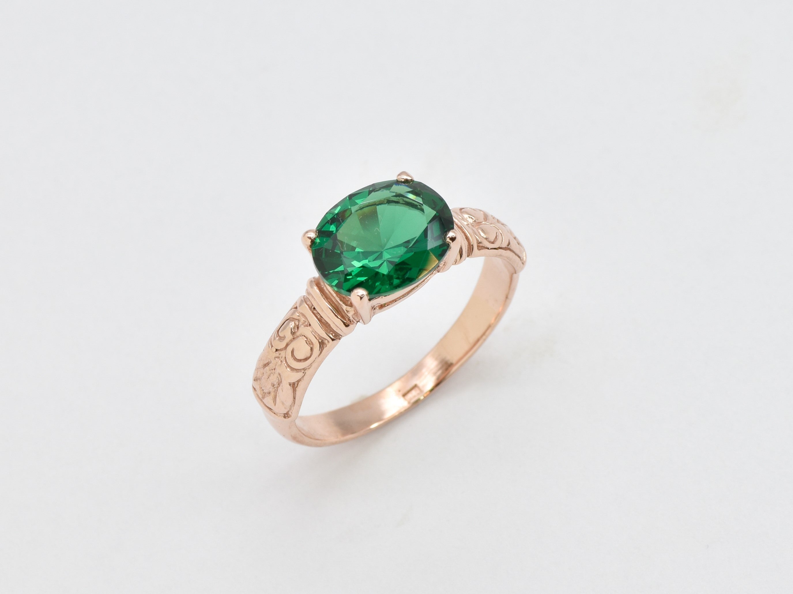Created Emerald Ring made in Rose Gold Vermeil with Oval Created Green Emerald in Prong setting, May Birthstone gift idea, symbolizes, ideal for everyday wear and perfect for birthday gifting and special occasions.
