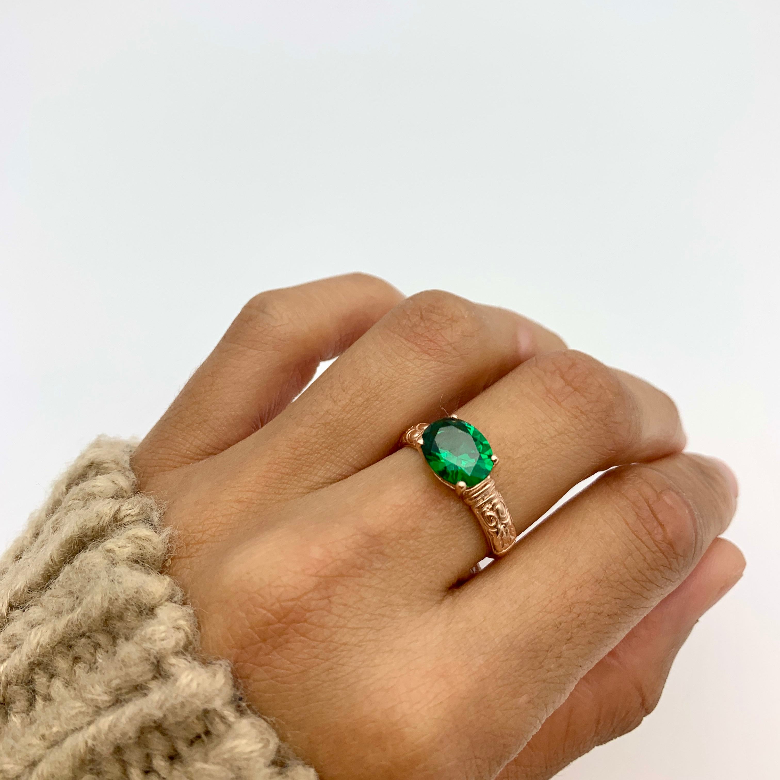 Rose Gold Vermeil Ring featuring Oval Created Green Emerald, perfect for May birthdays and everyday elegance.