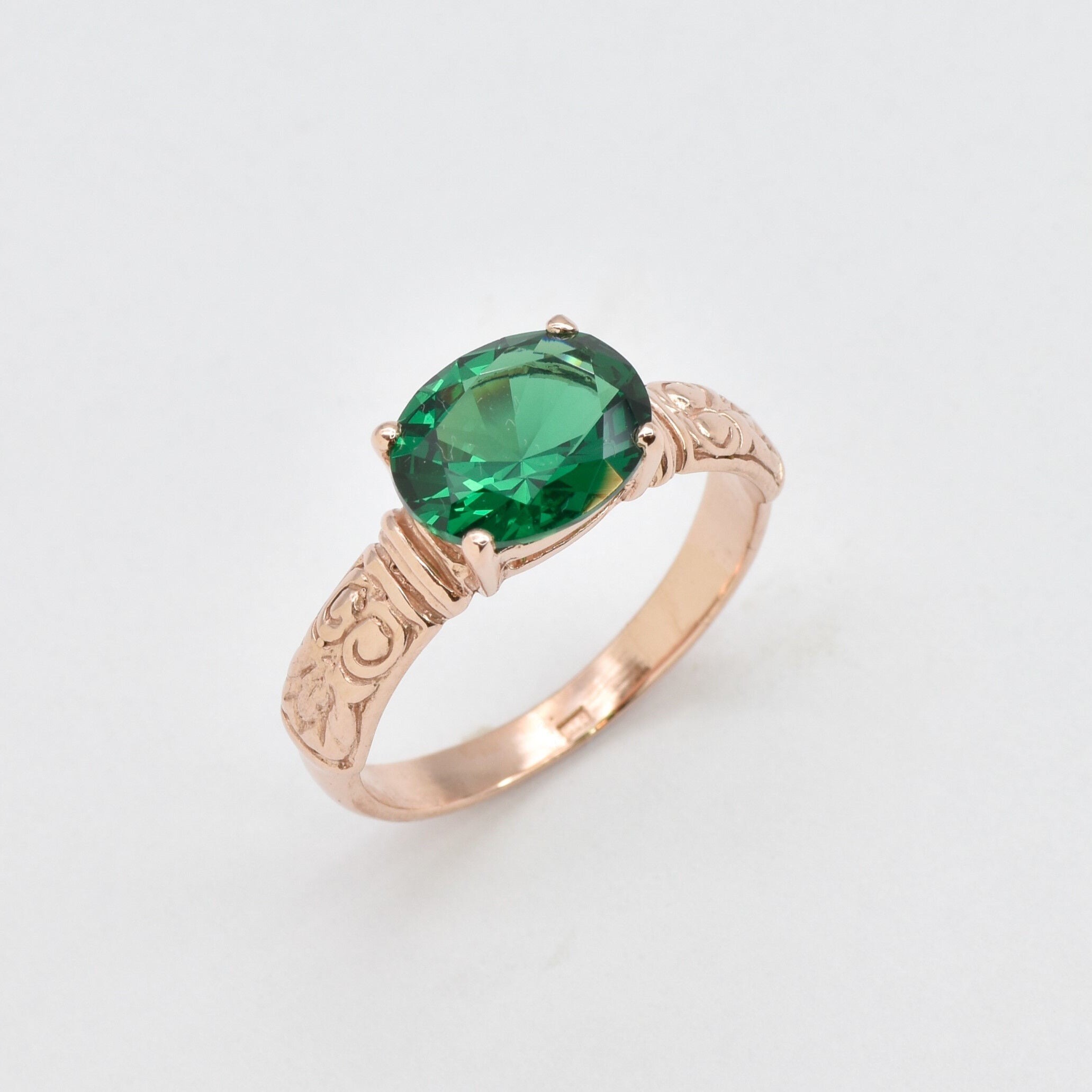 Created Emerald Ring made in Rose Gold Vermeil with Oval Created Green Emerald in Prong setting, May Birthstone gift idea, symbolizes, ideal for everyday wear and perfect for birthday gifting and special occasions.
