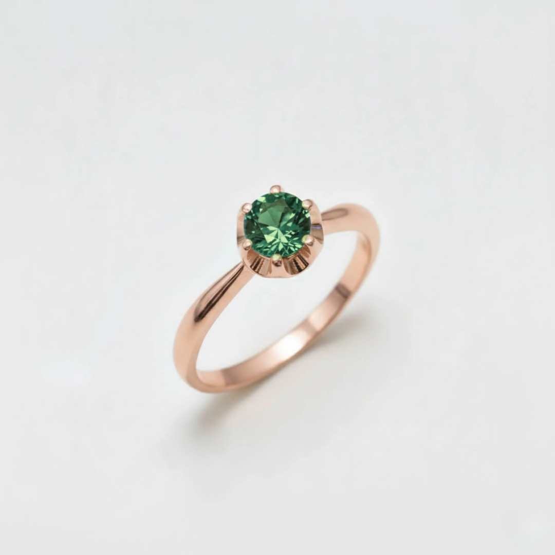 Created Emerald Ring made in Rose Gold Vermeil with Round Created Green Emerald in Solitaire setting, May Birthstone gift idea, symbolizes, ideal for everyday wear and perfect for birthday gifting and special occasions.