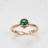 Delicate Rose Gold Vermeil ring with a Round Created Green Emerald, perfect for everyday elegance and May birthday celebrations.