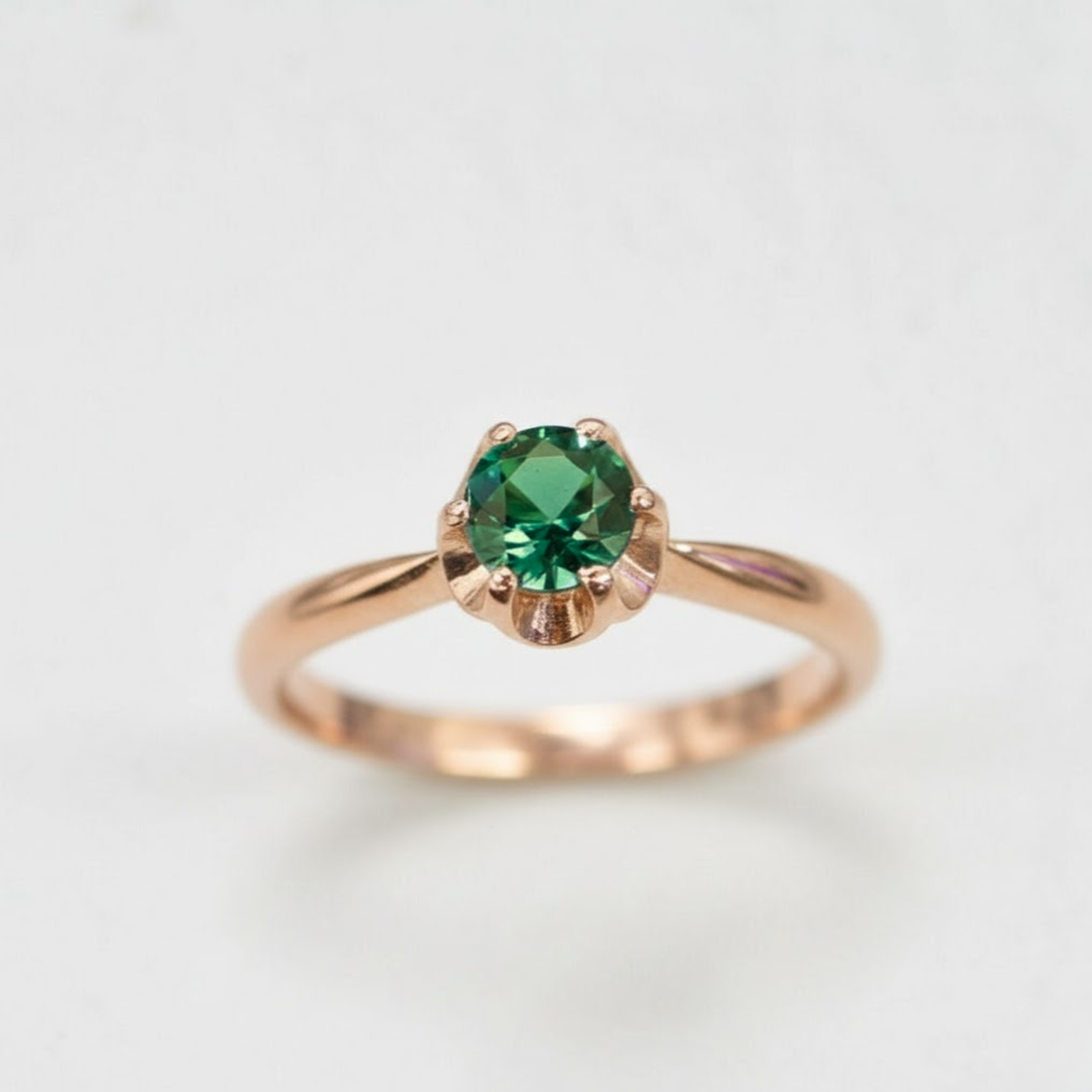 Delicate Rose Gold Vermeil ring with a Round Created Green Emerald, perfect for everyday elegance and May birthday celebrations.