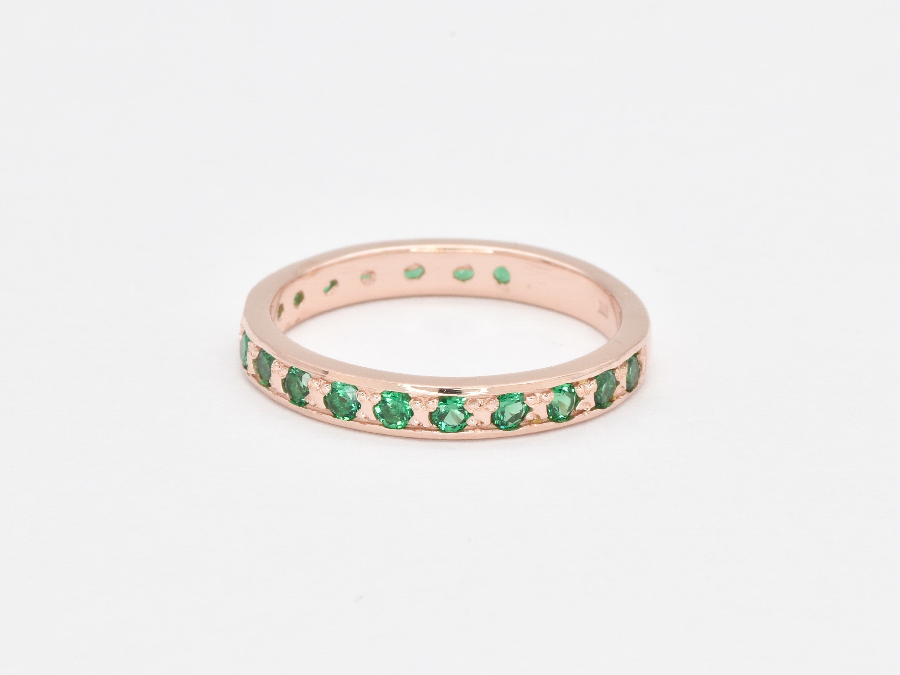 Created Emerald Ring made in Rose Gold Vermeil with Round Created Green Emerald in Channel-Set setting, May Birthstone gift idea, symbolizes, ideal for everyday wear and perfect for birthday gifting and special occasions.