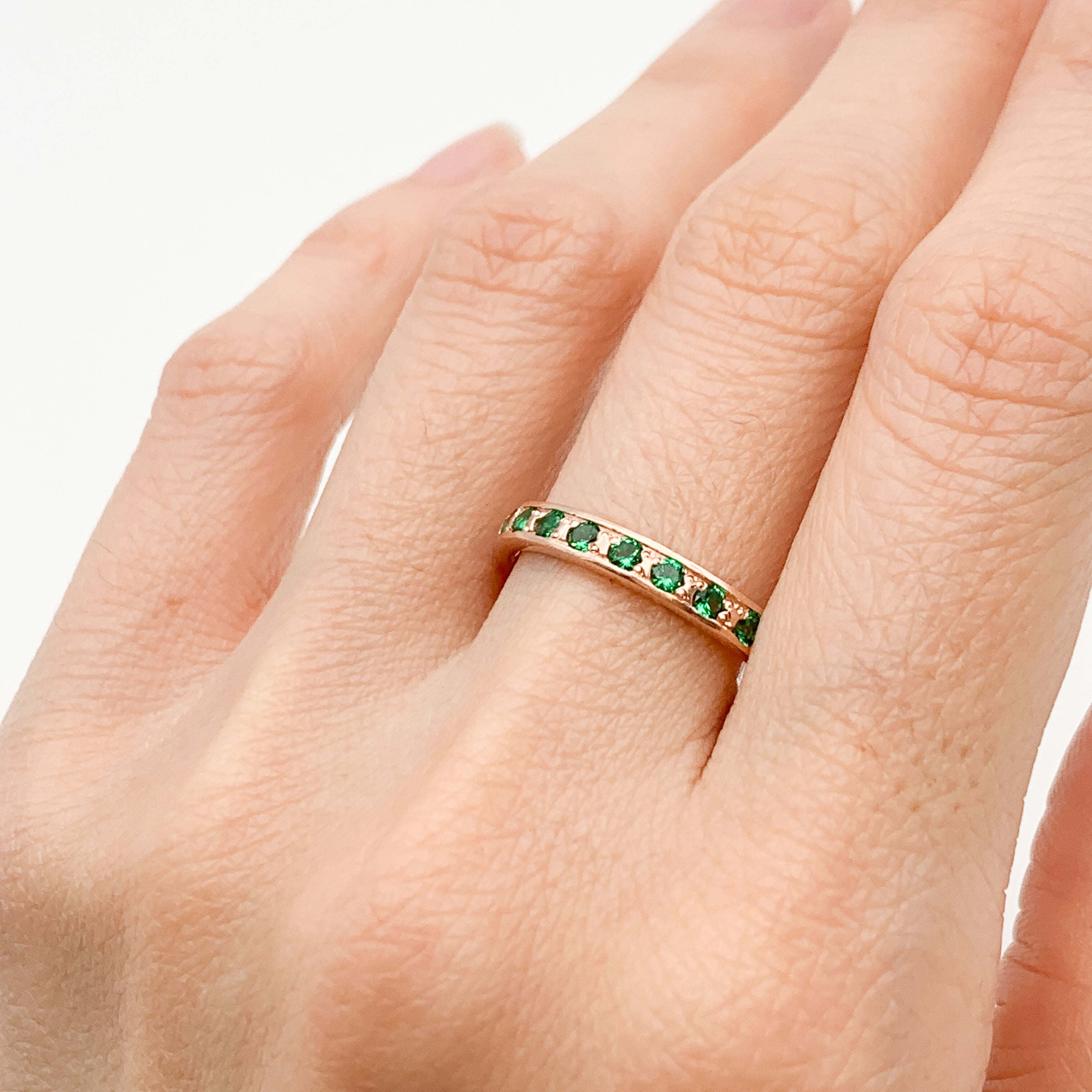 Rose Gold Vermeil Emerald Ring with Round Created Green Emerald, perfect for May birthdays and special occasions.
