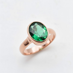 Created Emerald Ring made in Rose Gold Vermeil with Oval Created Green Emerald in Bezel setting, May Birthstone gift idea, symbolizes, ideal for everyday wear and perfect for birthday gifting and special occasions.