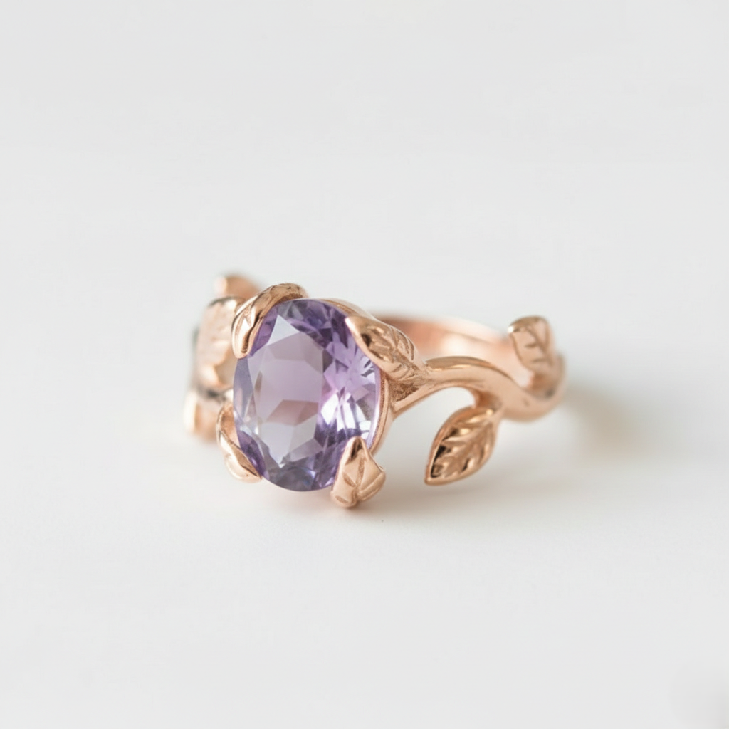 Leaf Amethyst Ring - Purple Vintage Ring - Silver Branch Ring