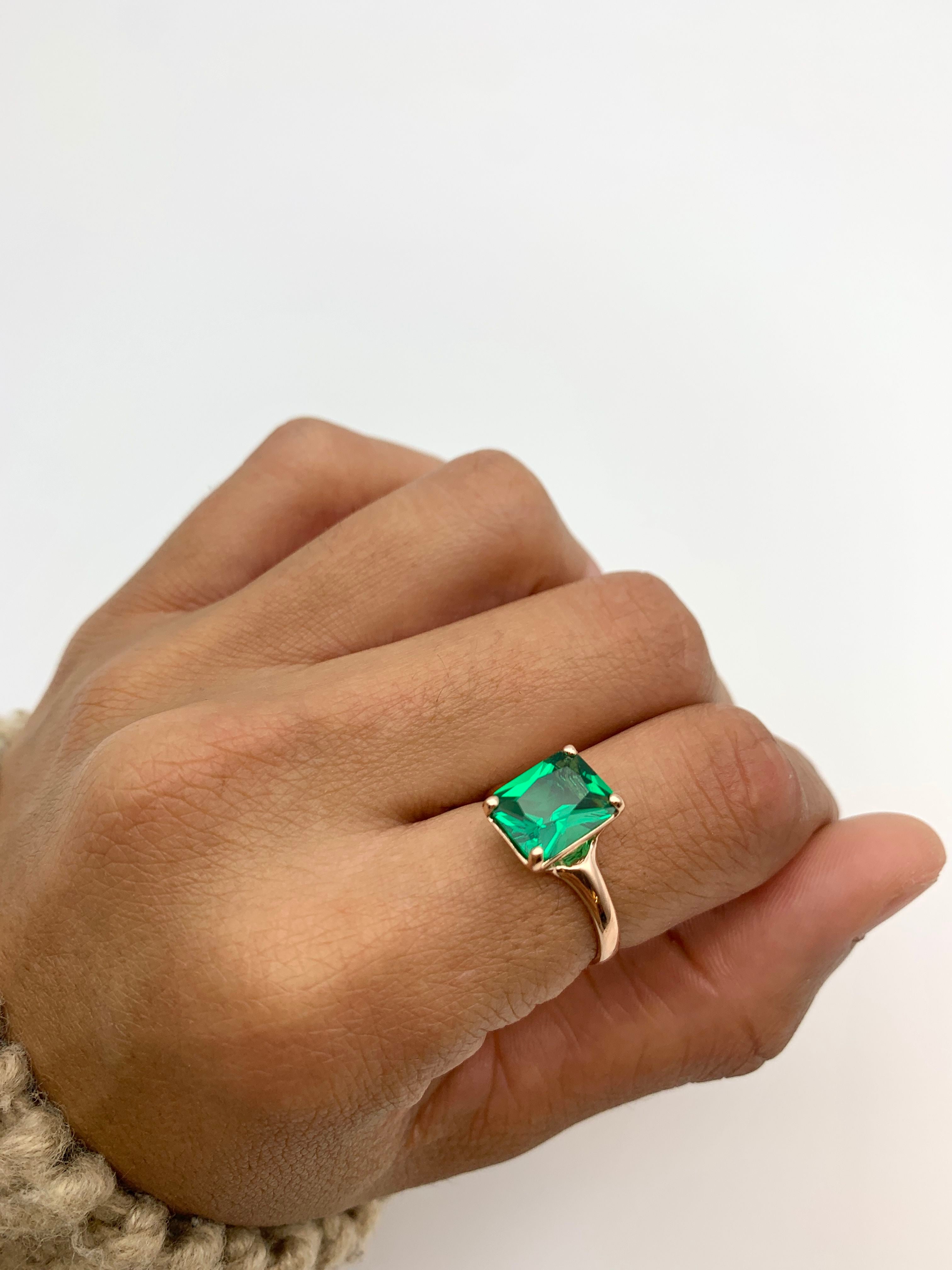 Emerald Ring, Created Emerald, Rectangle Ring, Green Square Ring, Radiant Ring, Antique Ring, Vintage Ring, Proposal Ring, Solid Silver Ring(1)