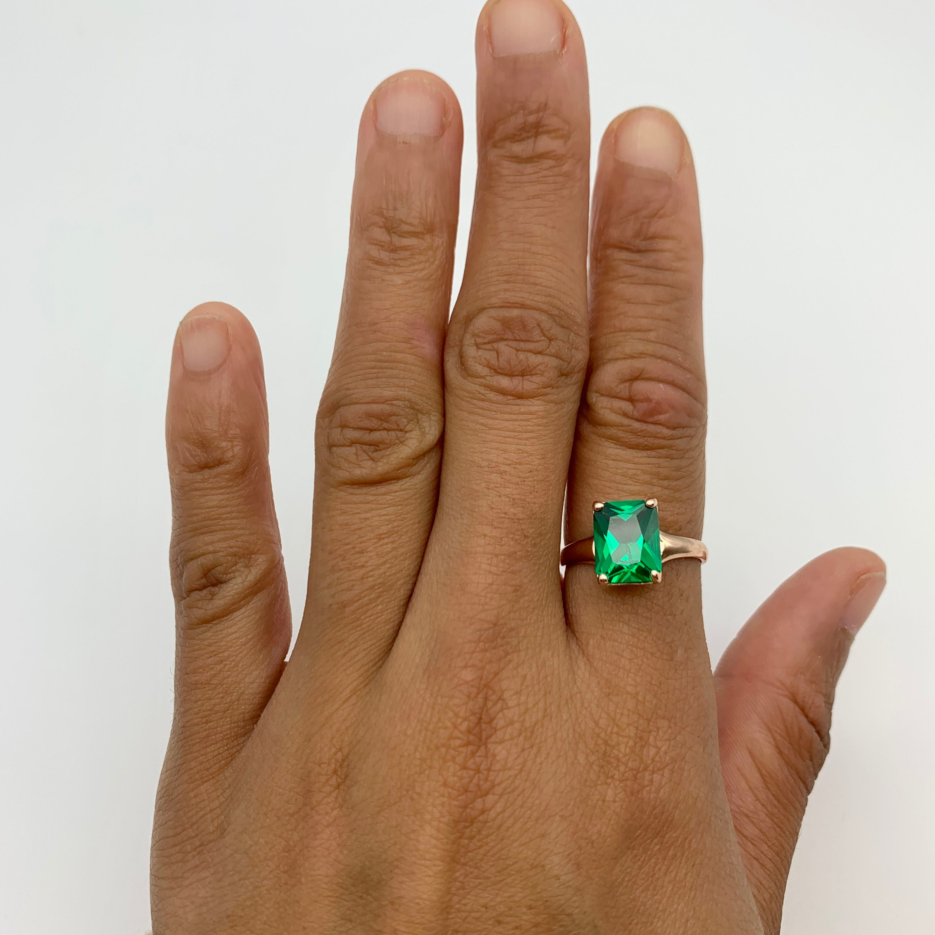Rose Gold Vermeil Emerald Ring featuring created green emerald in a classic solitaire setting, perfect for May birthdays.