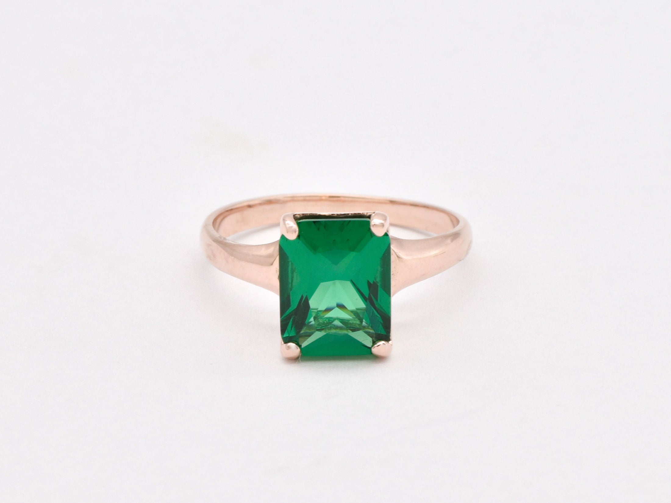 Created Emerald Ring made in Rose Gold Vermeil with Emerald Created Green Emerald in Solitaire setting, May Birthstone gift idea, symbolizes, ideal for everyday wear and perfect for birthday gifting and special occasions.