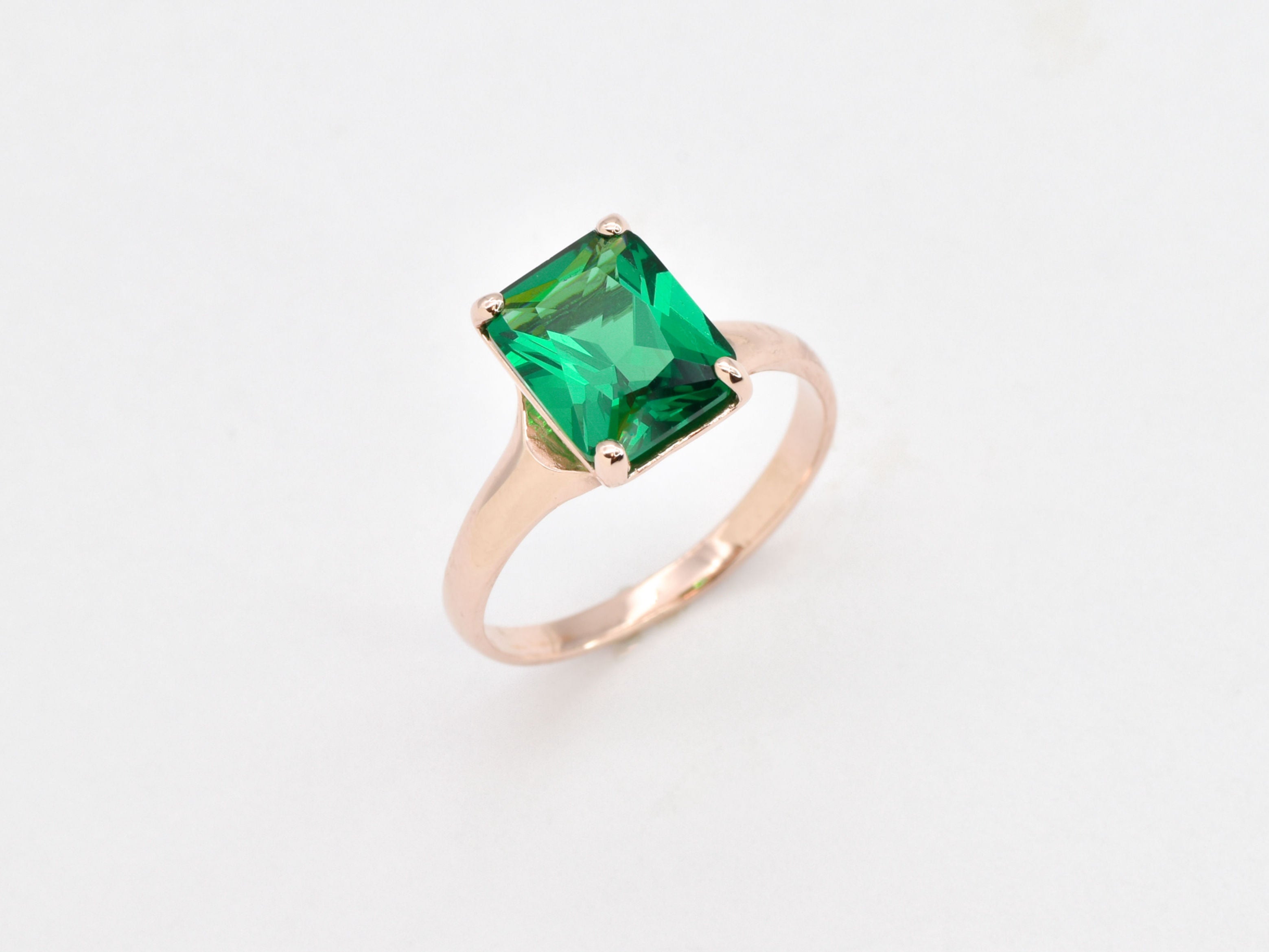 Emerald Ring, Created Emerald, Rectangle Ring, Green Square Ring, Radiant Ring, Antique Ring, Vintage Ring, Proposal Ring, Solid Silver Ring(1)