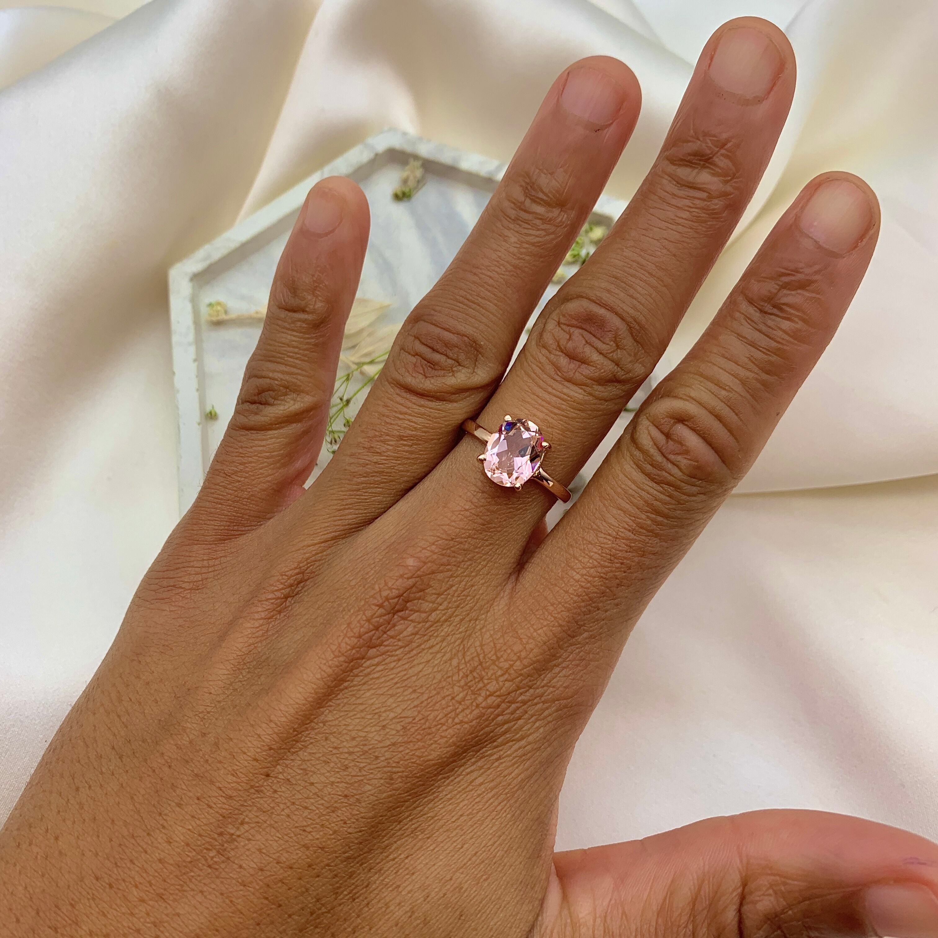 Morganite Ring, Created Morganite, Solitaire Ring, Vintage Ring, Cotton Candy Ring, Pink Diamond Ring, Unique Stone Ring, Solid Silver Ring(1)