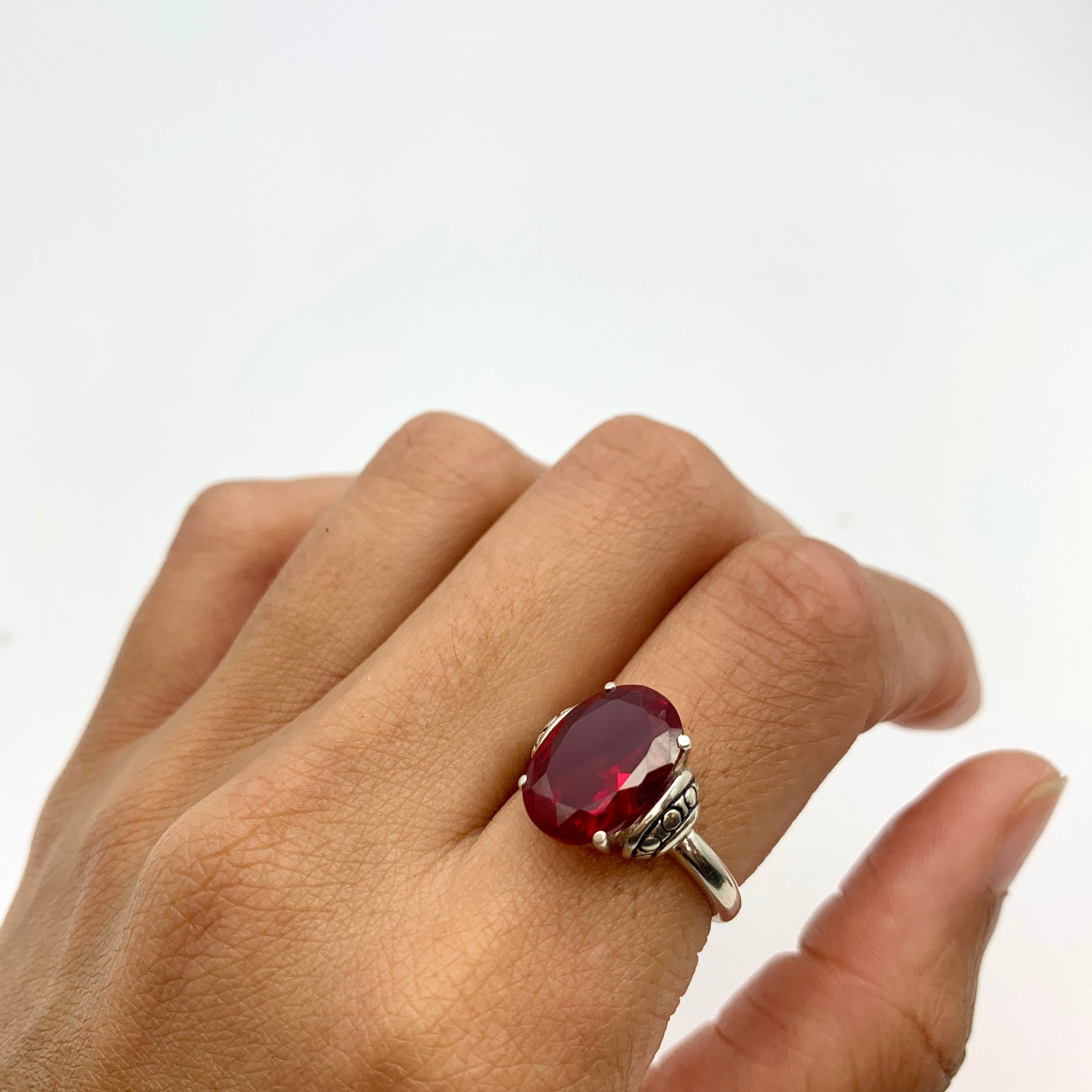 Created Ruby Ring in 925 Sterling Silver, featuring an Oval Ruby, perfect for birthday gifts and special occasions.