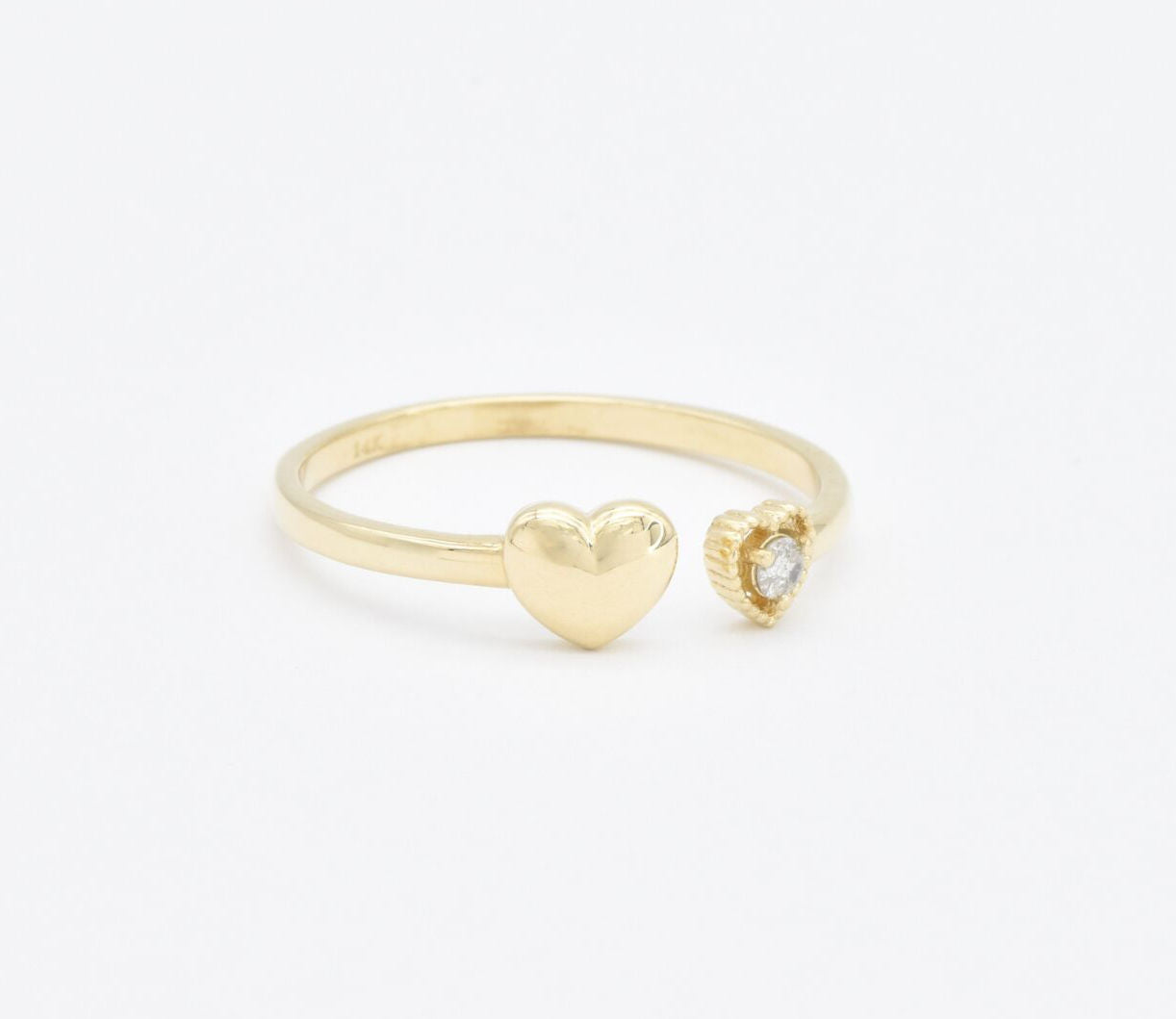 Certified Real Diamond Heart Open Ring - Real 14k Yellow Gold Diamond Ring - Dainty Heart Gold Ring