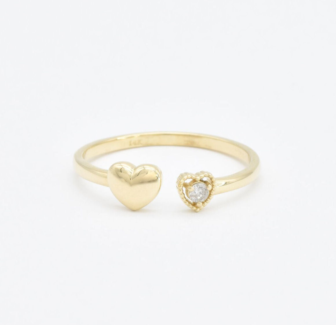 Certified Real Diamond Heart Open Ring - Real 14k Yellow Gold Diamond Ring - Dainty Heart Gold Ring