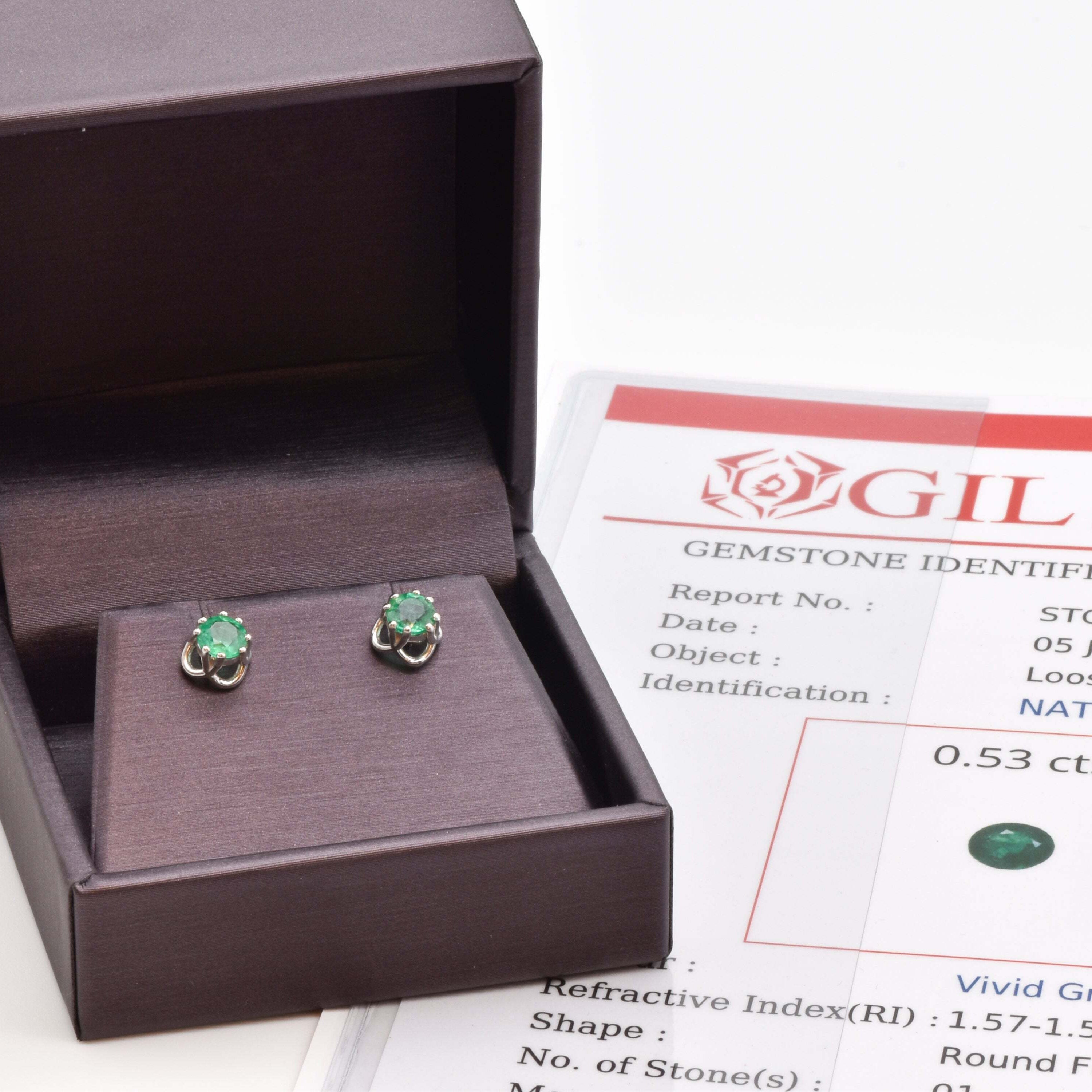 Certified Real Emerald Earrings - Solid 14k White Gold Emerald Studs - Green Emerald White Gold Earrings