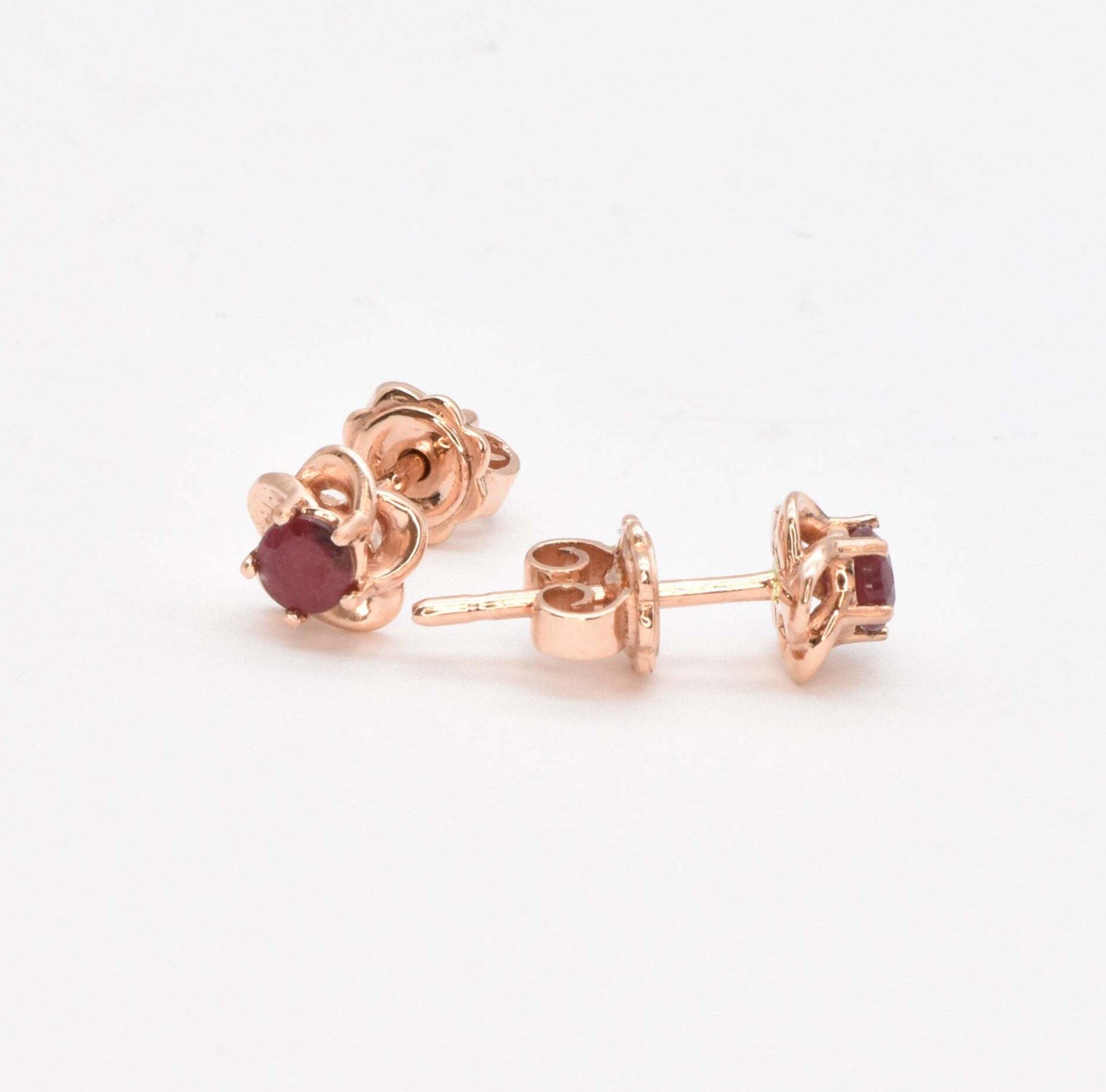 Certified Real Ruby Studs - Real 14k Rose Gold Ruby Earrings - Dainty Flower Gold Earrings (41097000583234)