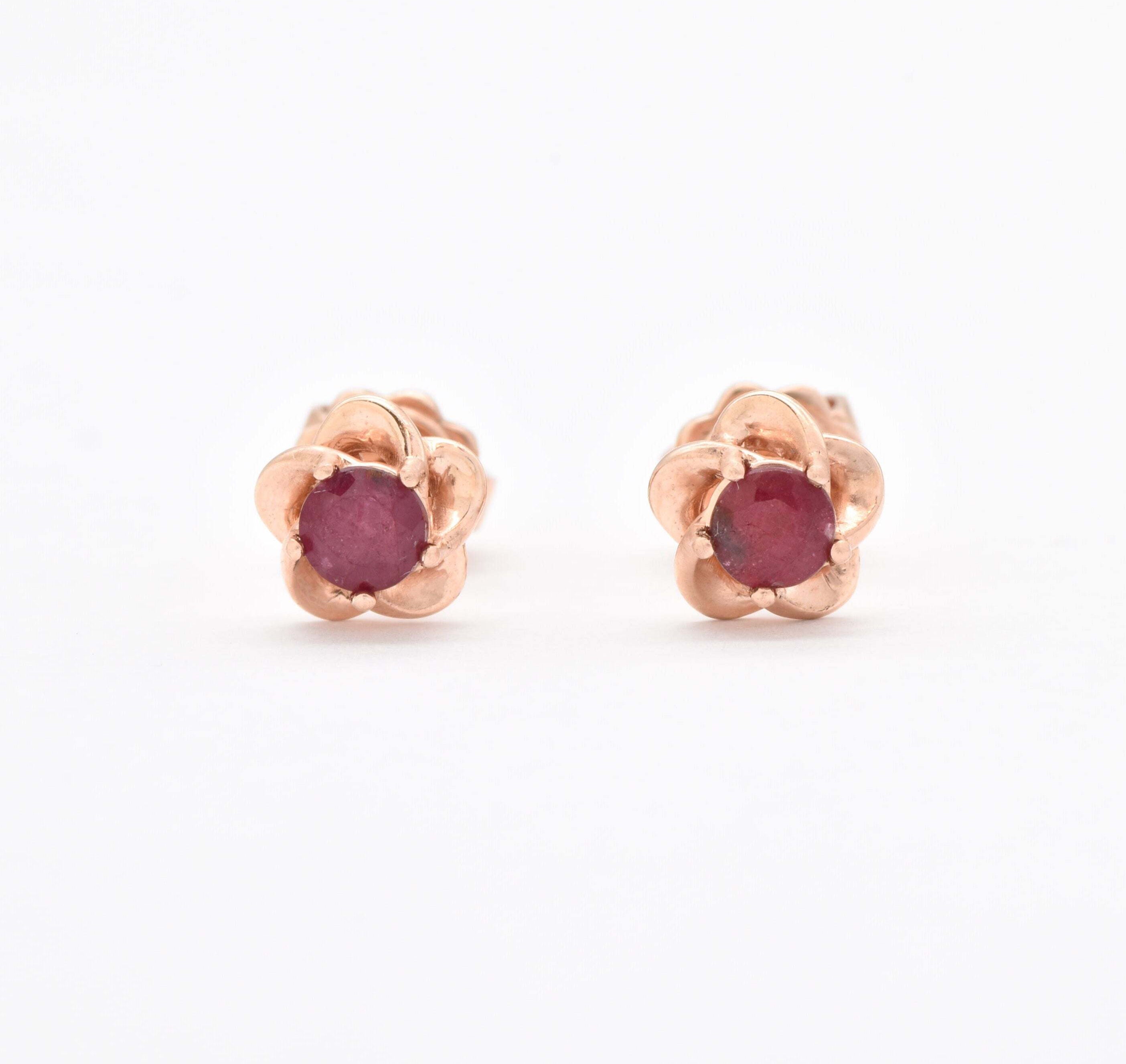 Certified Real Ruby Studs - Real 14k Rose Gold Ruby Earrings - Dainty Flower Gold Earrings (41097000583234)