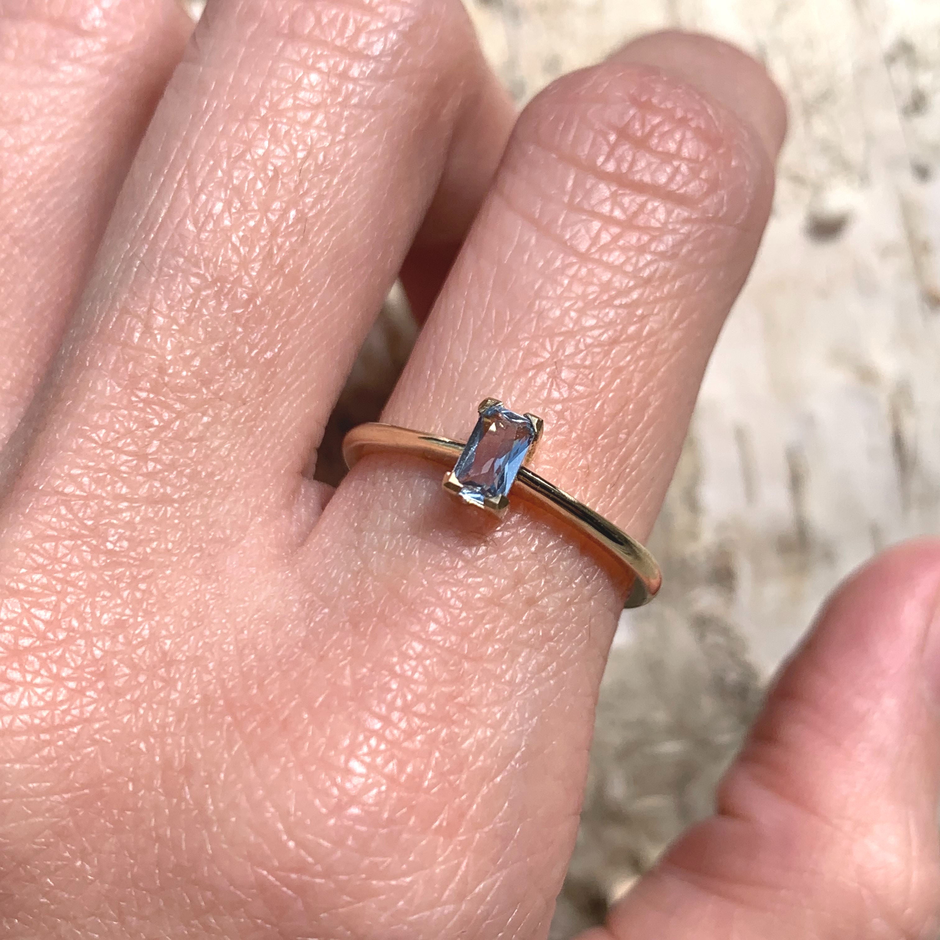 Genuine Blue Baguette Real Gold Ring - Solid 14k Gold Real Topaz Ring - Classy Blue Topaz Gold Ring