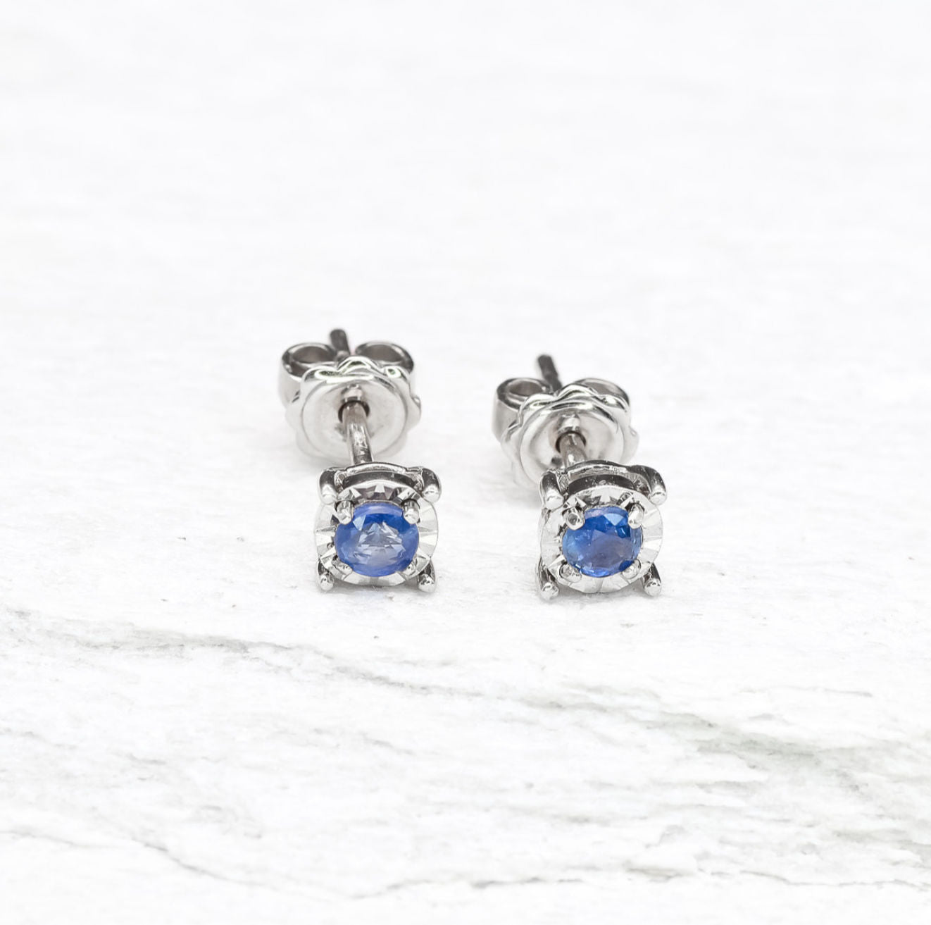 Genuine Sapphire White Gold Studs - Real Minimalist White Gold Earrings - Solid 18k White Gold Studs