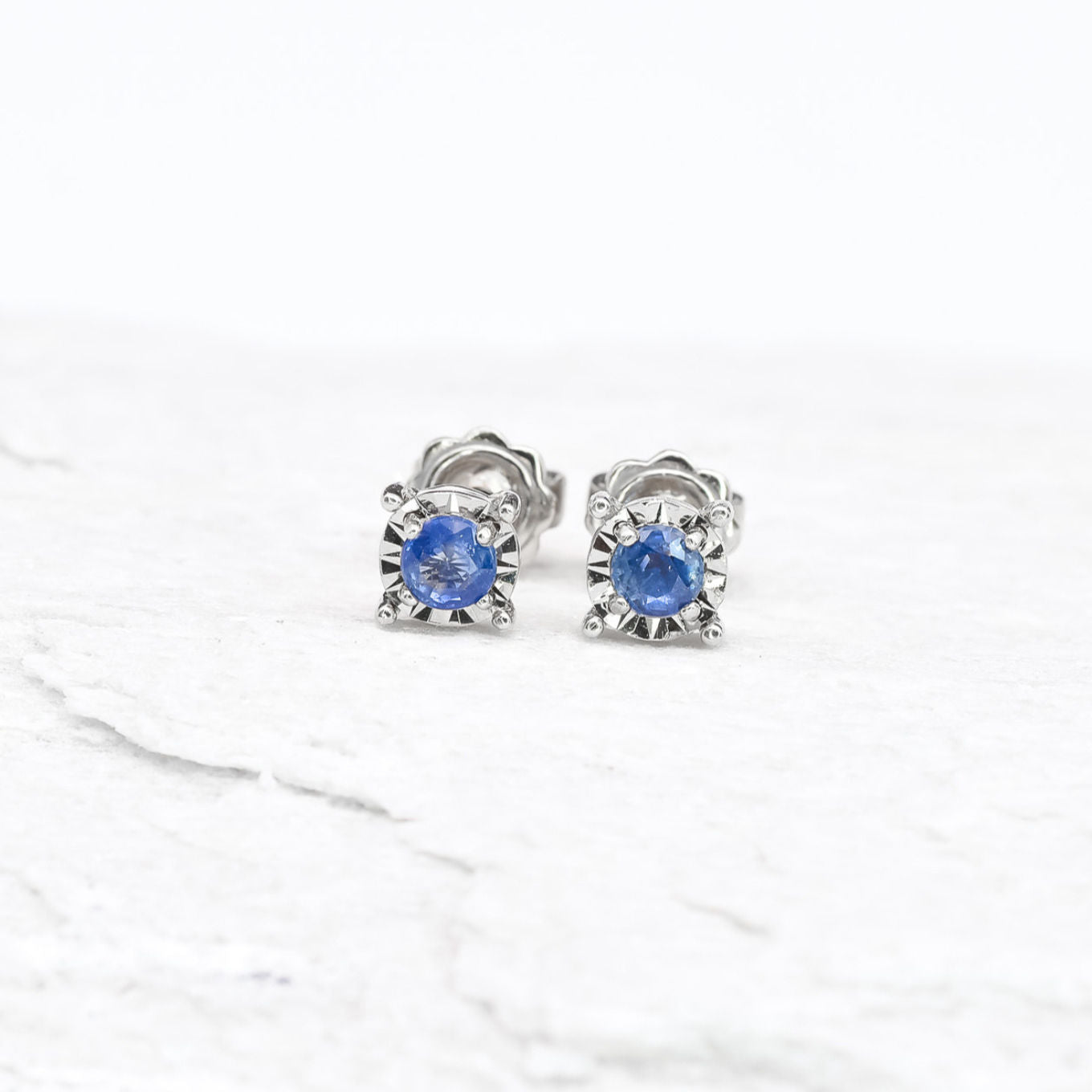 Genuine Sapphire White Gold Studs - Real Minimalist White Gold Earrings - Solid 18k White Gold Studs