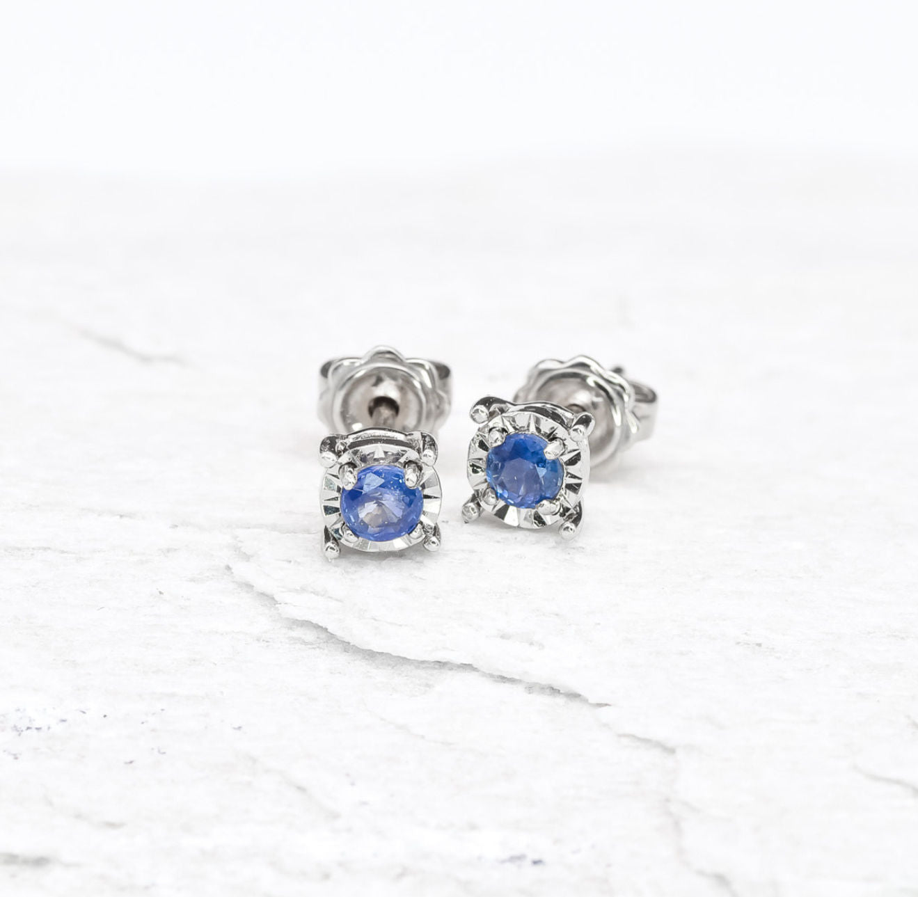 Genuine Sapphire White Gold Studs - Real Minimalist White Gold Earrings - Solid 18k White Gold Studs