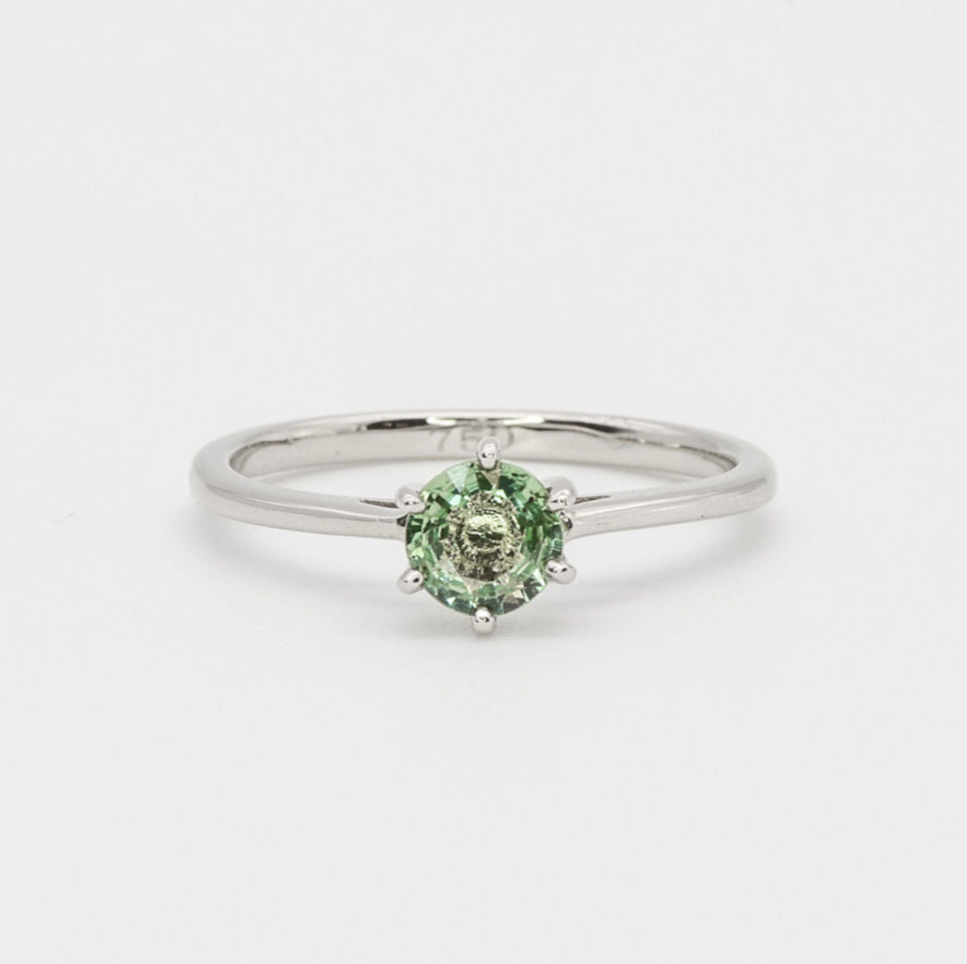 Green Sapphire Ring, Solid 18k White Gold Ring, Classy Round Engagement Ring, 6-Prong Ring