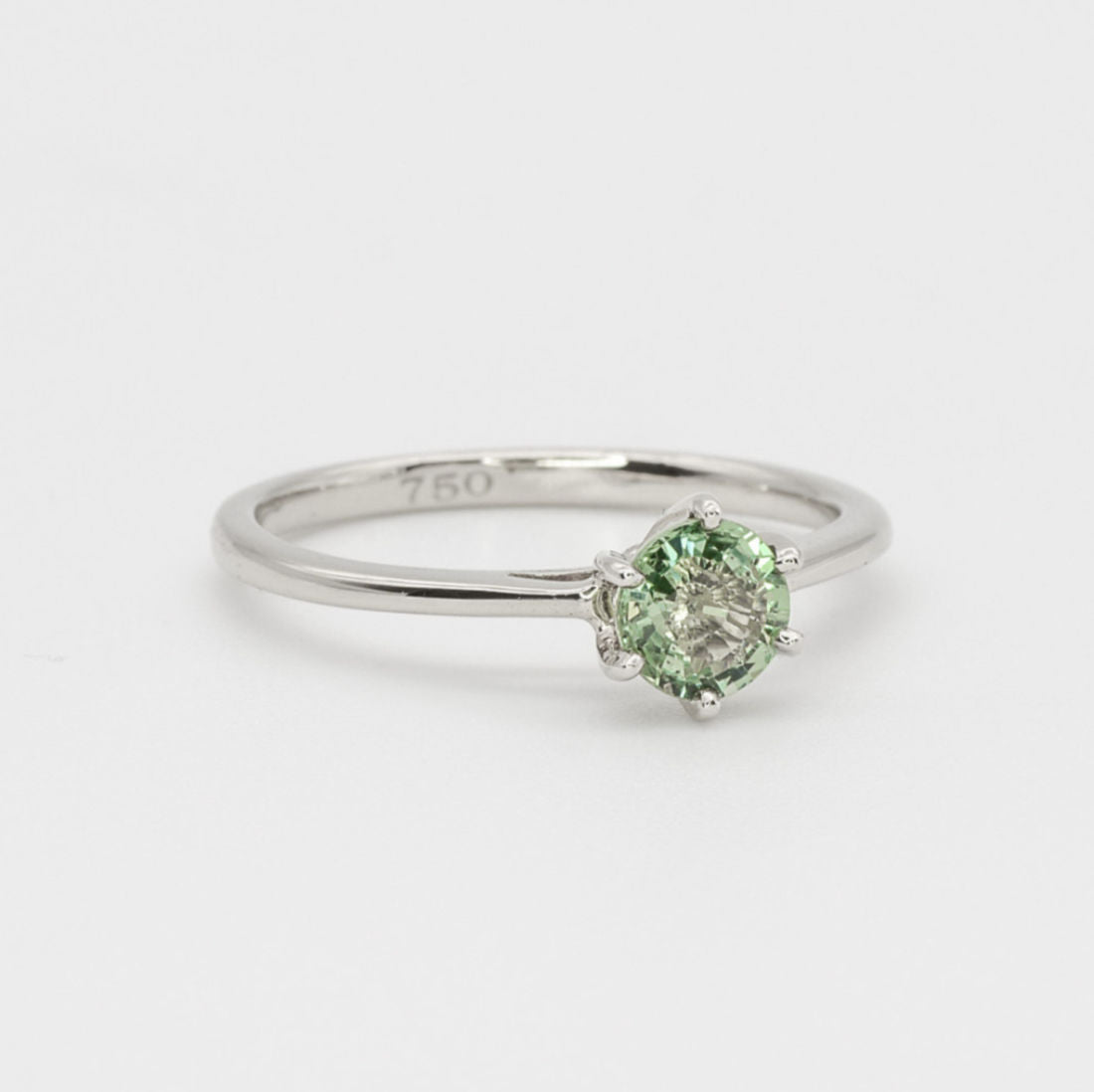 Green Sapphire Ring, Solid 18k White Gold Ring, Classy Round Engagement Ring, 6-Prong Ring